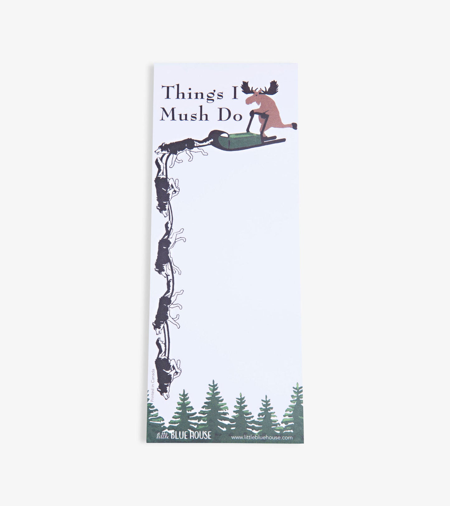 Magnetic notepad featuring a moose on a sled, with a snowy forest design at the bottom and space for notes.