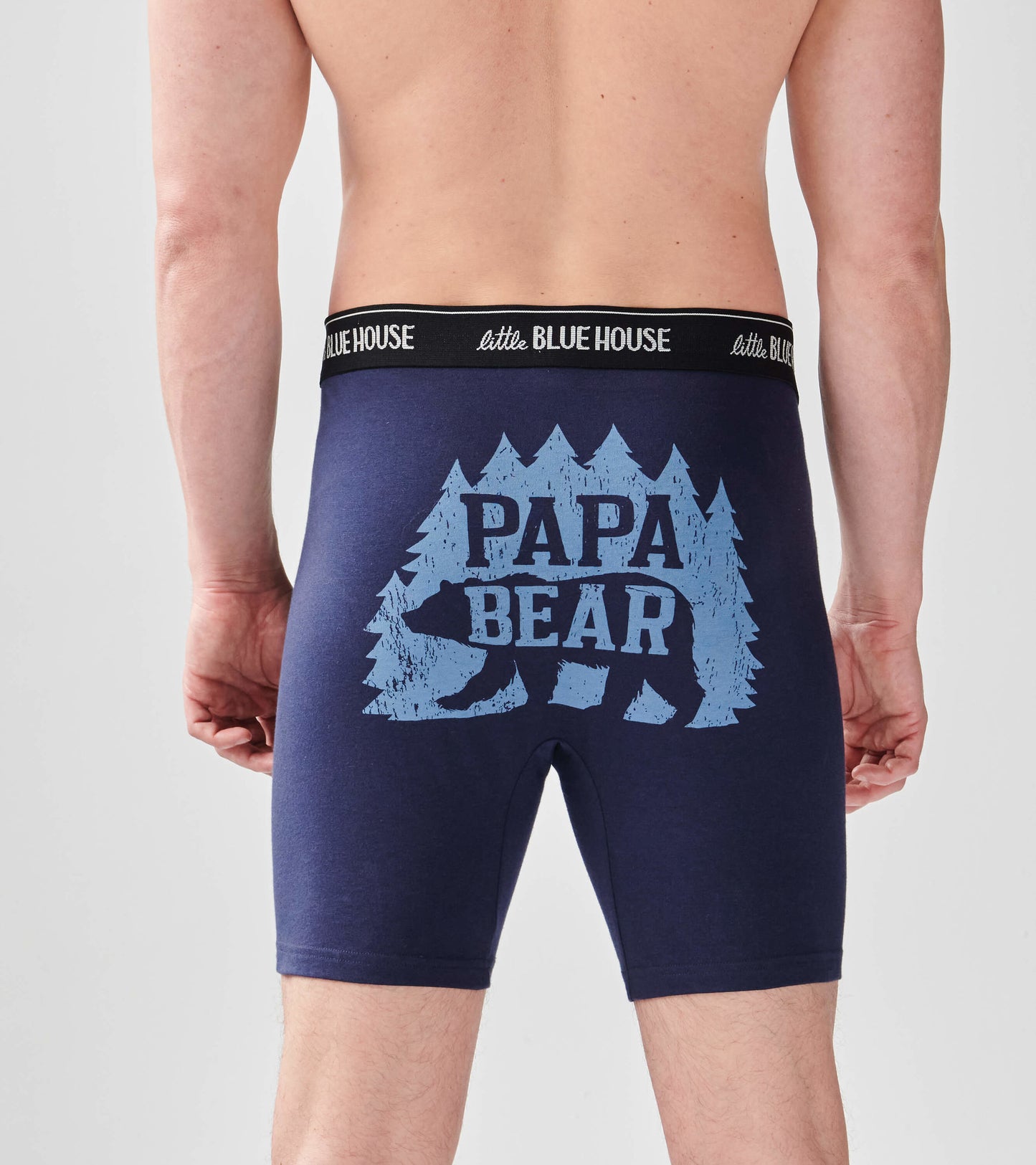 Navy blue boxer briefs featuring a "PAPA BEAR" graphic with trees, shown from the back.