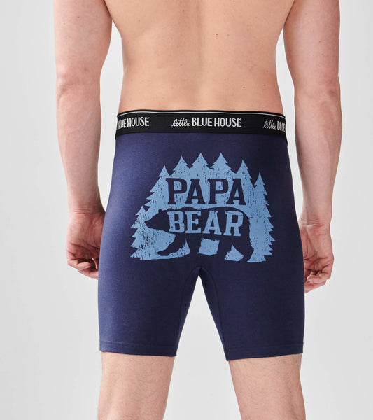 Navy blue boxer briefs featuring a "PAPA BEAR" graphic with trees, shown from the back.