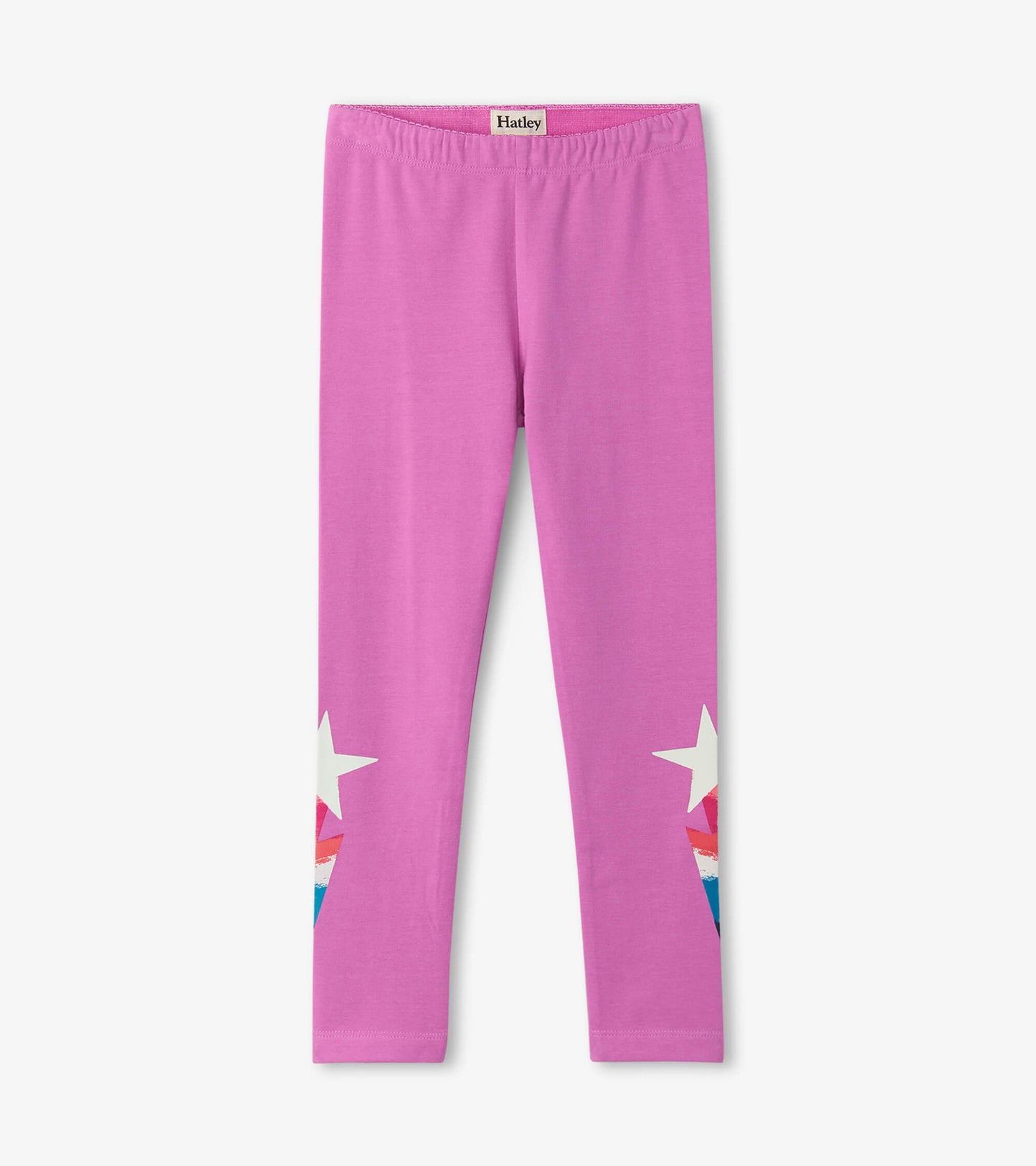 Pink leggings featuring white star designs and colorful patterns on the lower legs. Elastic waistband for comfort.