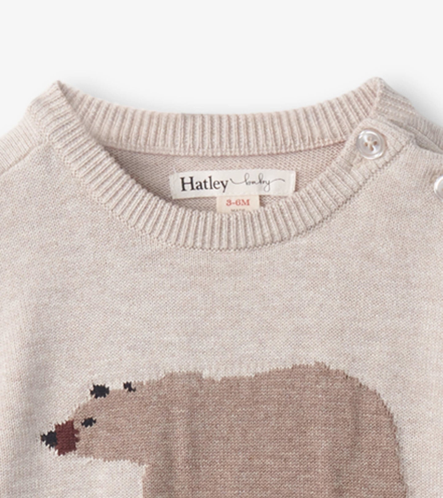 Light beige sweater onesie featuring a bear cub design, with a ribbed neckline and snap buttons for easy dressing.