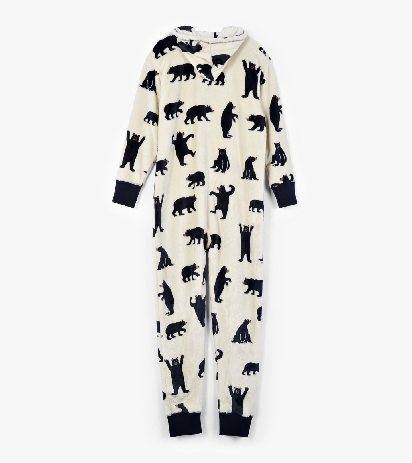 Hooded fleece jumpsuit in cream with black bear patterns, featuring long sleeves and ribbed cuffs.
