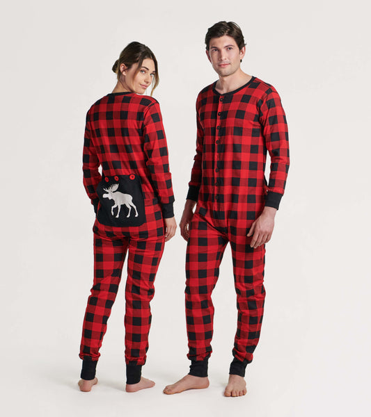 Red and black plaid adult onesie featuring a moose design on the back, with buttons and ribbed cuffs.