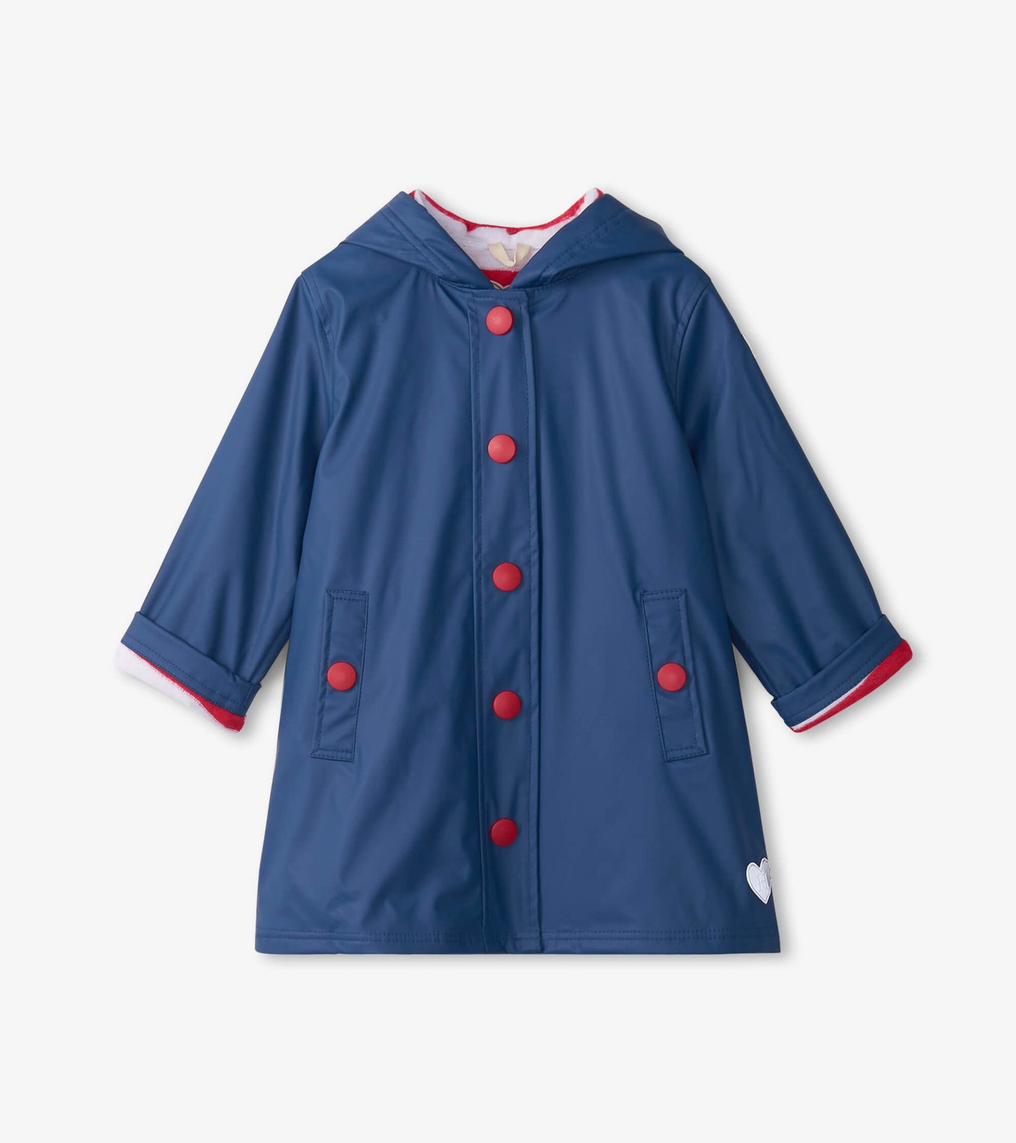 Navy rain jacket with red buttons, hood, and pockets, featuring a contrasting red trim on sleeves.