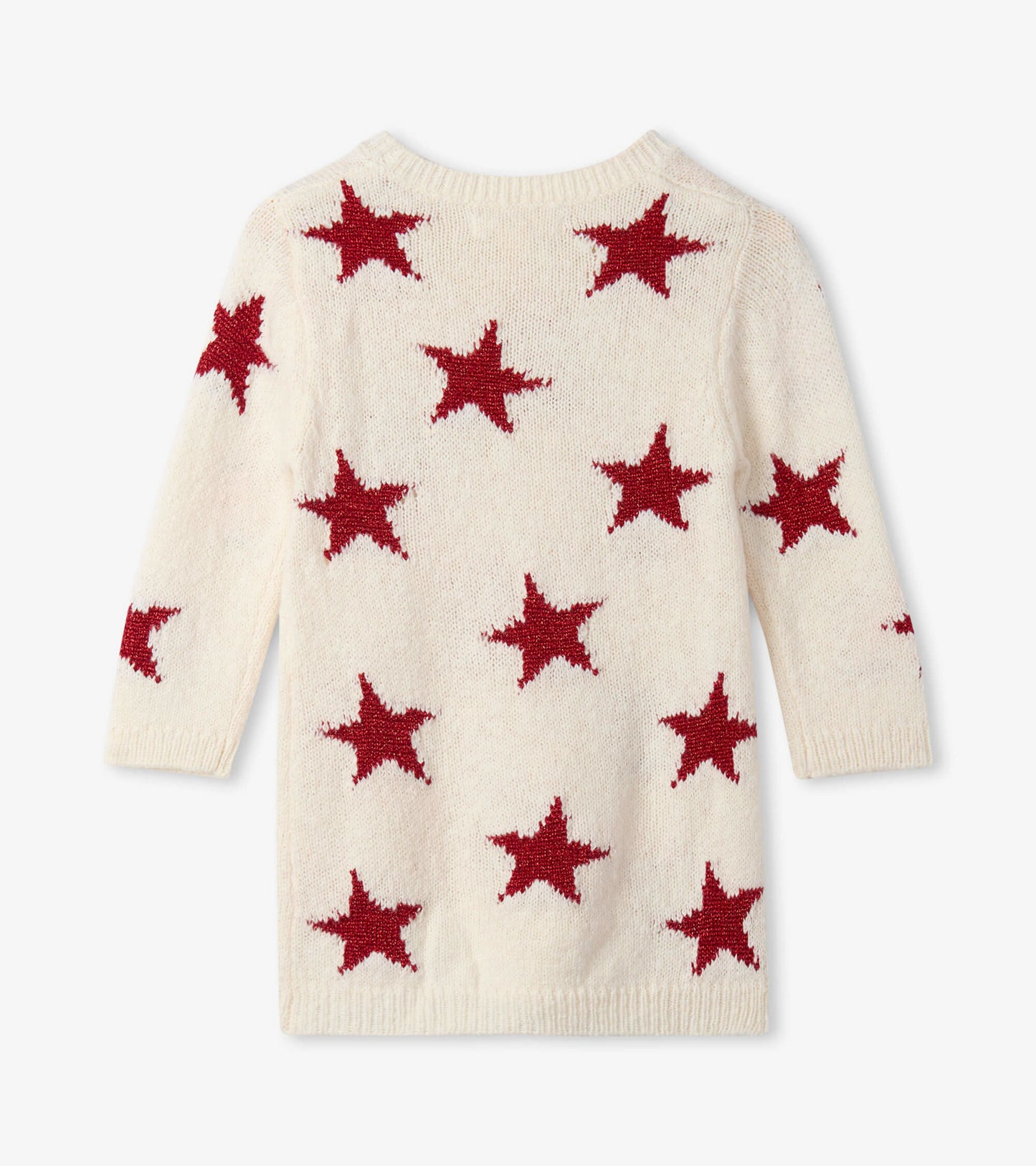 Cream sweater dress featuring red star patterns, long sleeves, and a round neckline, suitable for festive occasions.