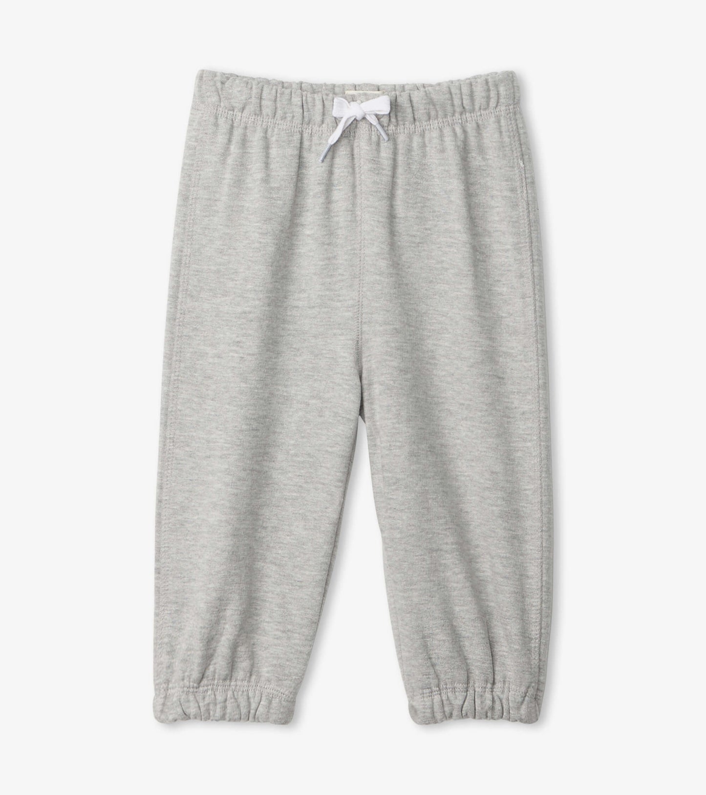 Light grey French terry baby joggers with an elastic waistband and cuffed ankles. Suitable for casual wear.
