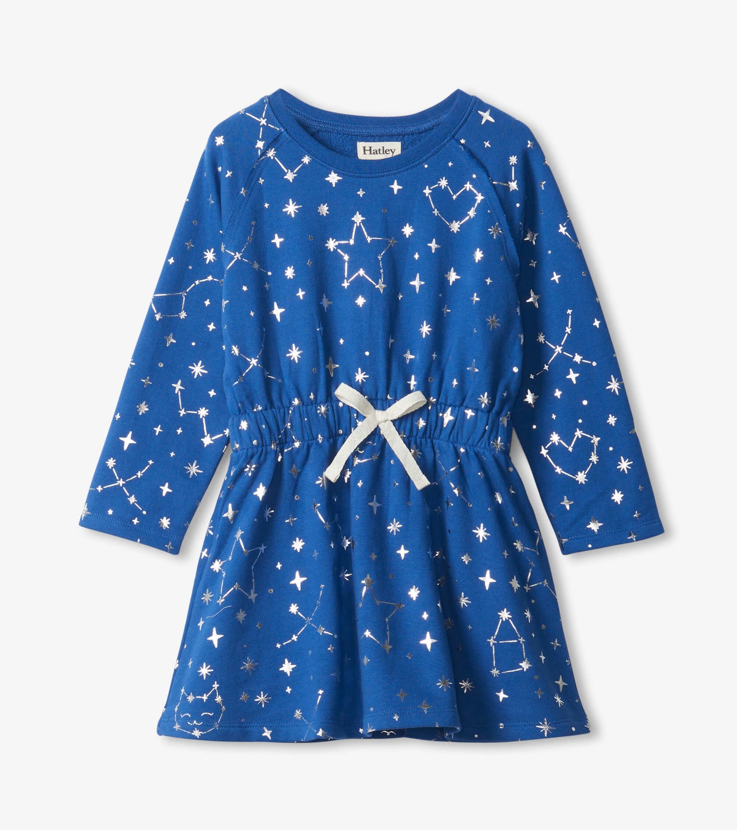 Blue terry dress featuring silver constellations and stars, with a drawstring waist and long sleeves.