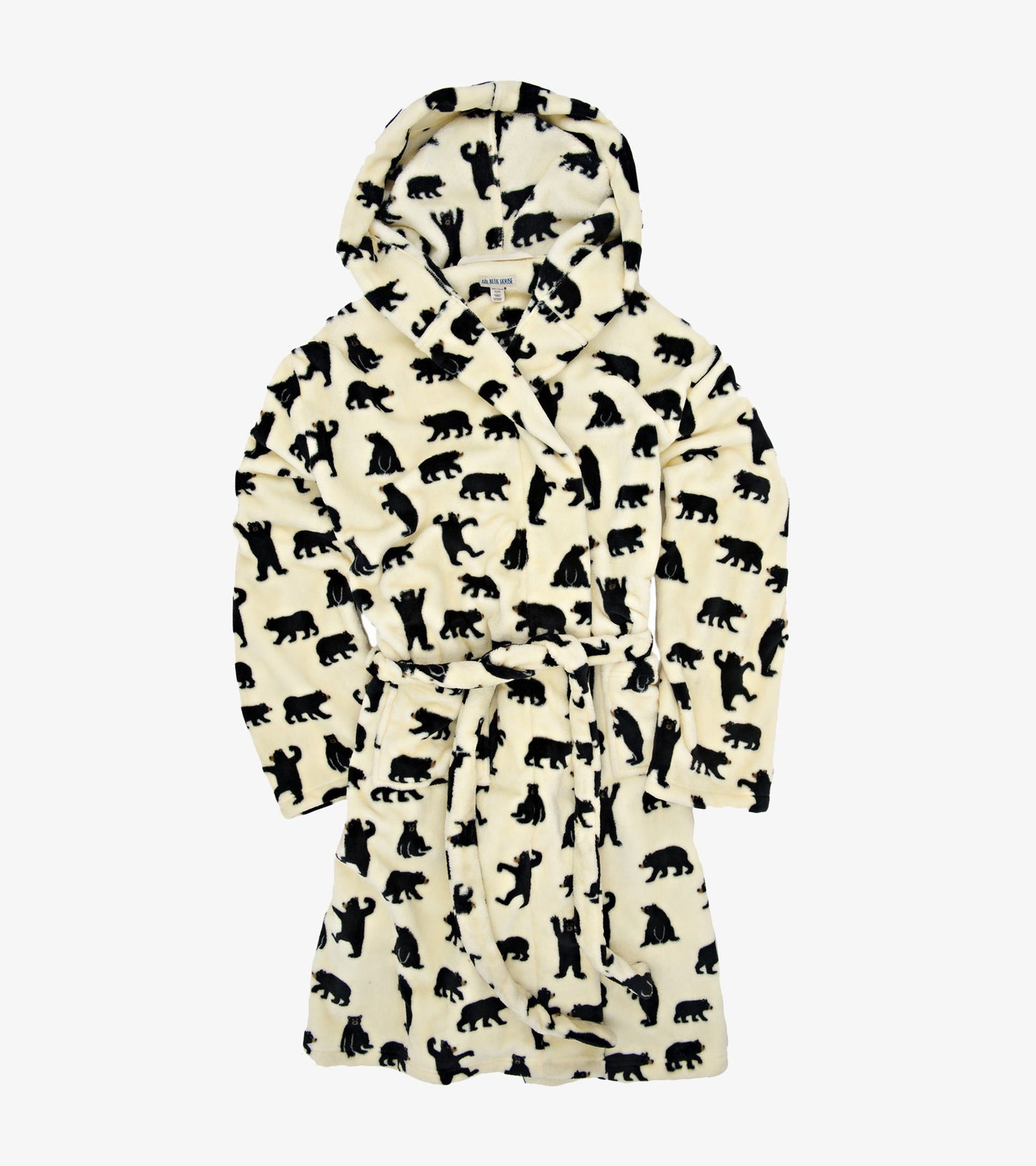 Cream fleece robe featuring black bear silhouettes, with a hood and tie belt. Suitable for adults in various sizes.