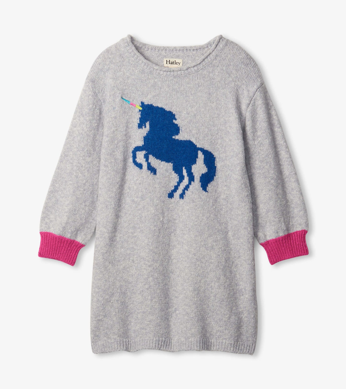 Gray sweater dress featuring a blue unicorn design and pink ribbed cuffs, perfect for casual wear.