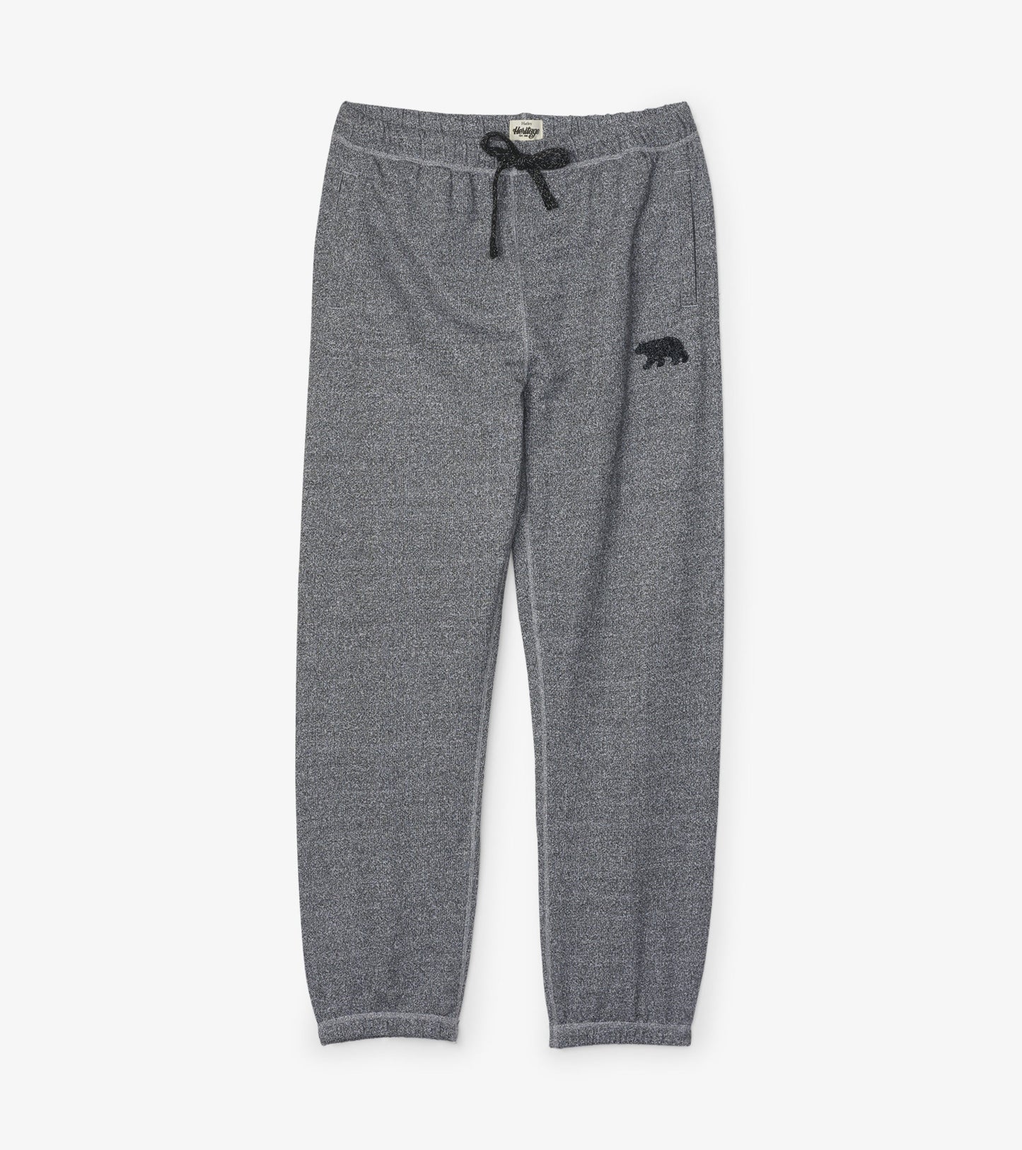 Marled grey joggers with an elastic waistband, drawstring, and a bear emblem on the side.