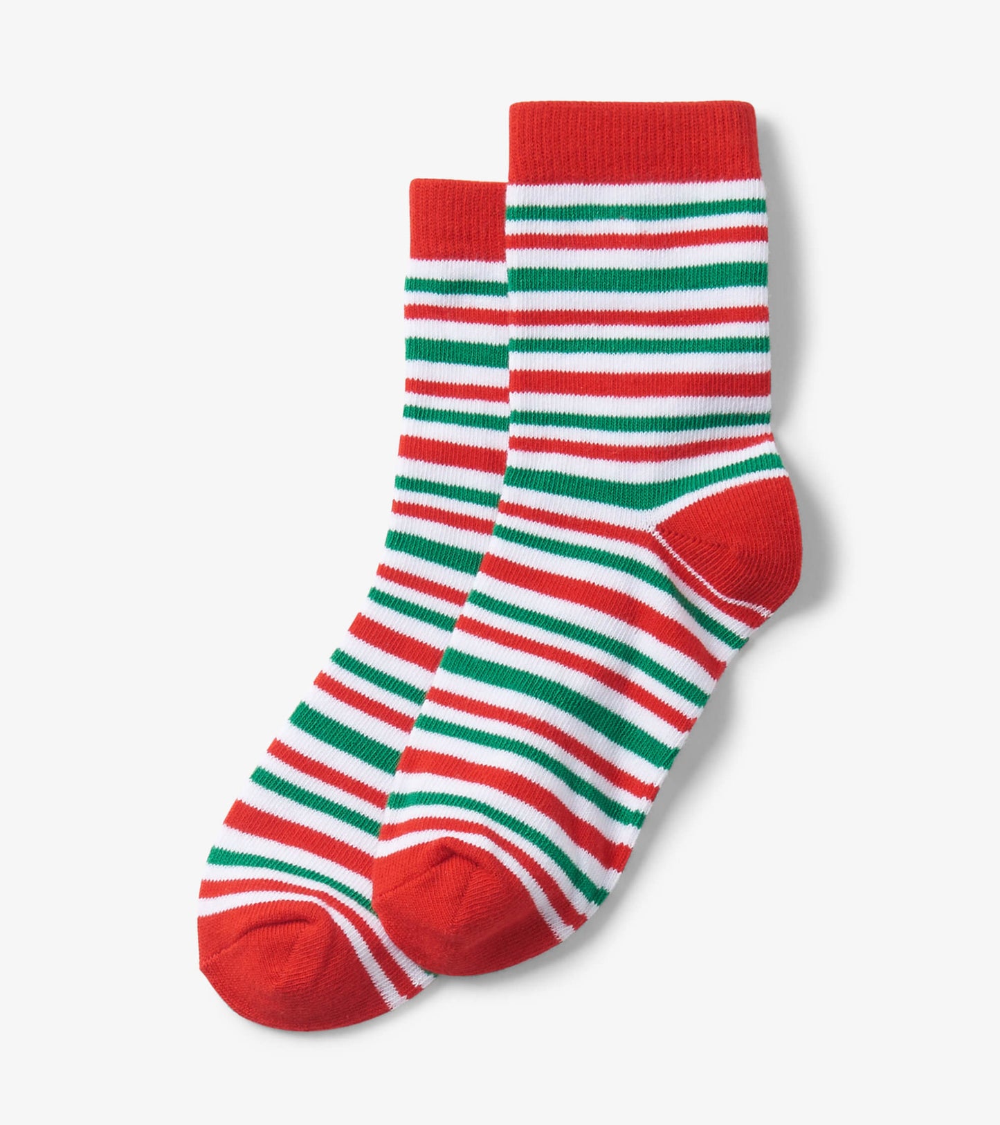 Red crew socks with green and white candy cane stripes, suitable for kids ages 2-7.