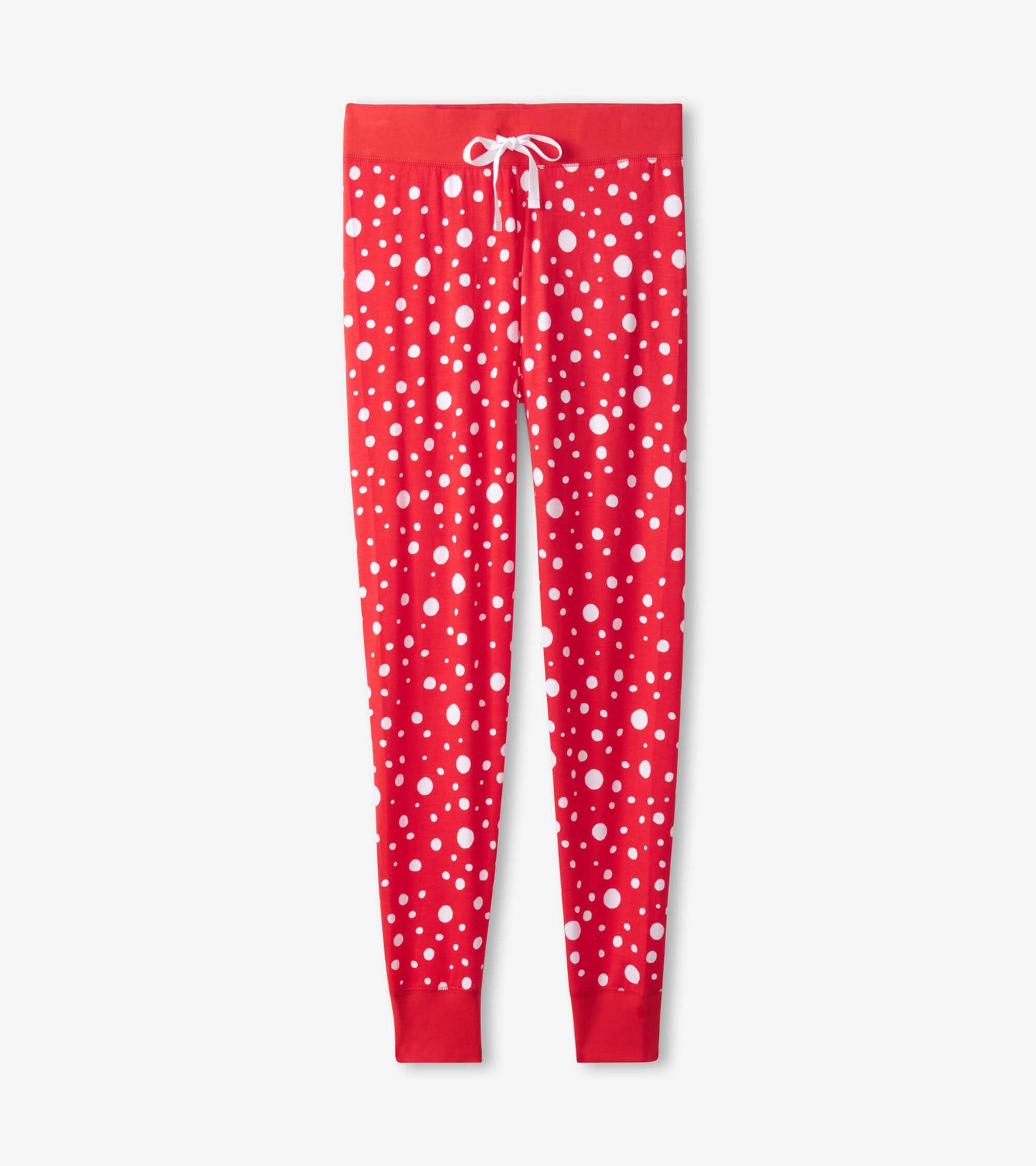 Red sleep leggings with white polka dots, featuring a drawstring waist and fitted cuffs.