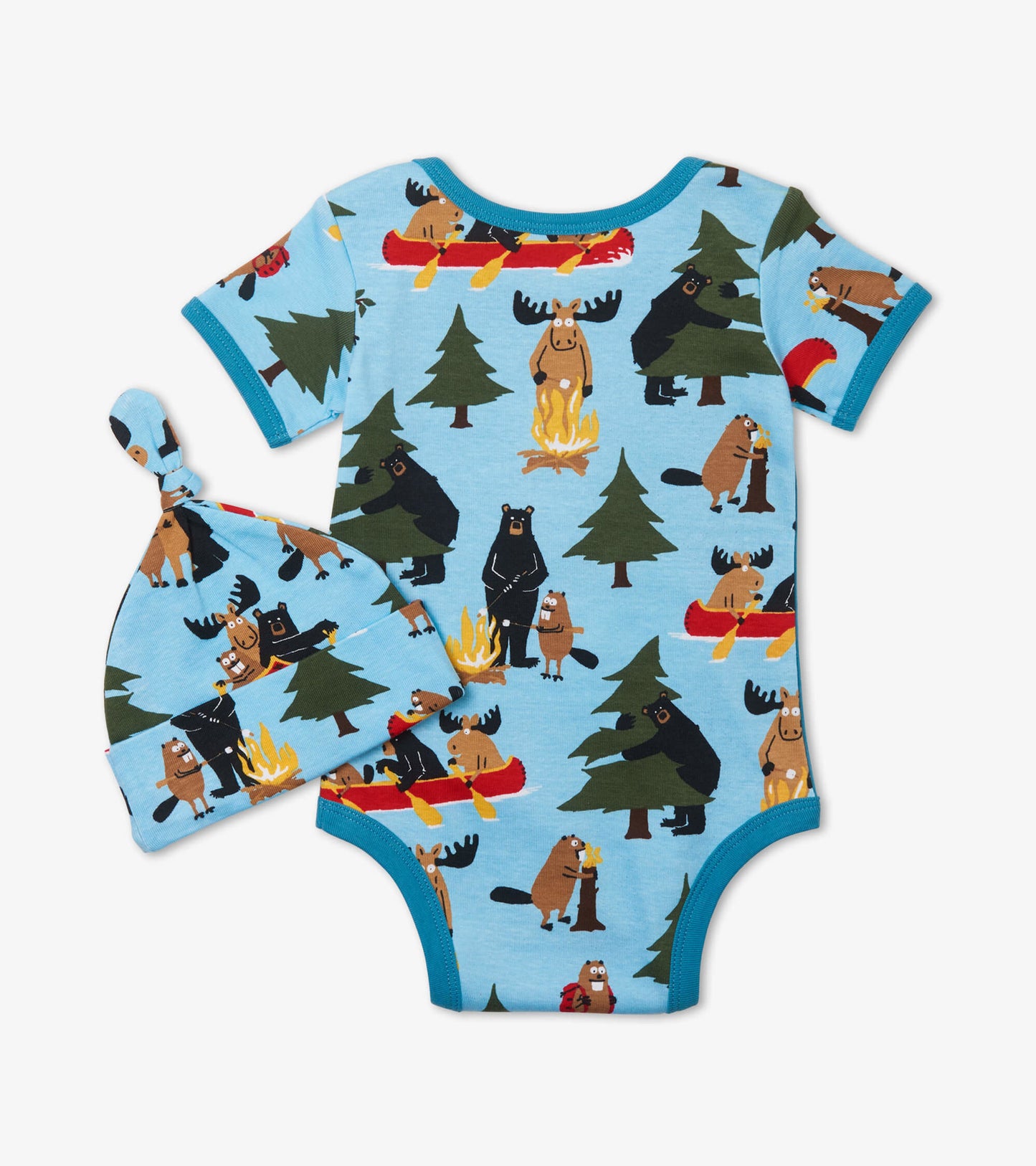 Light blue bodysuit with animal and nature print, paired with a matching knot hat. Suitable for infants.