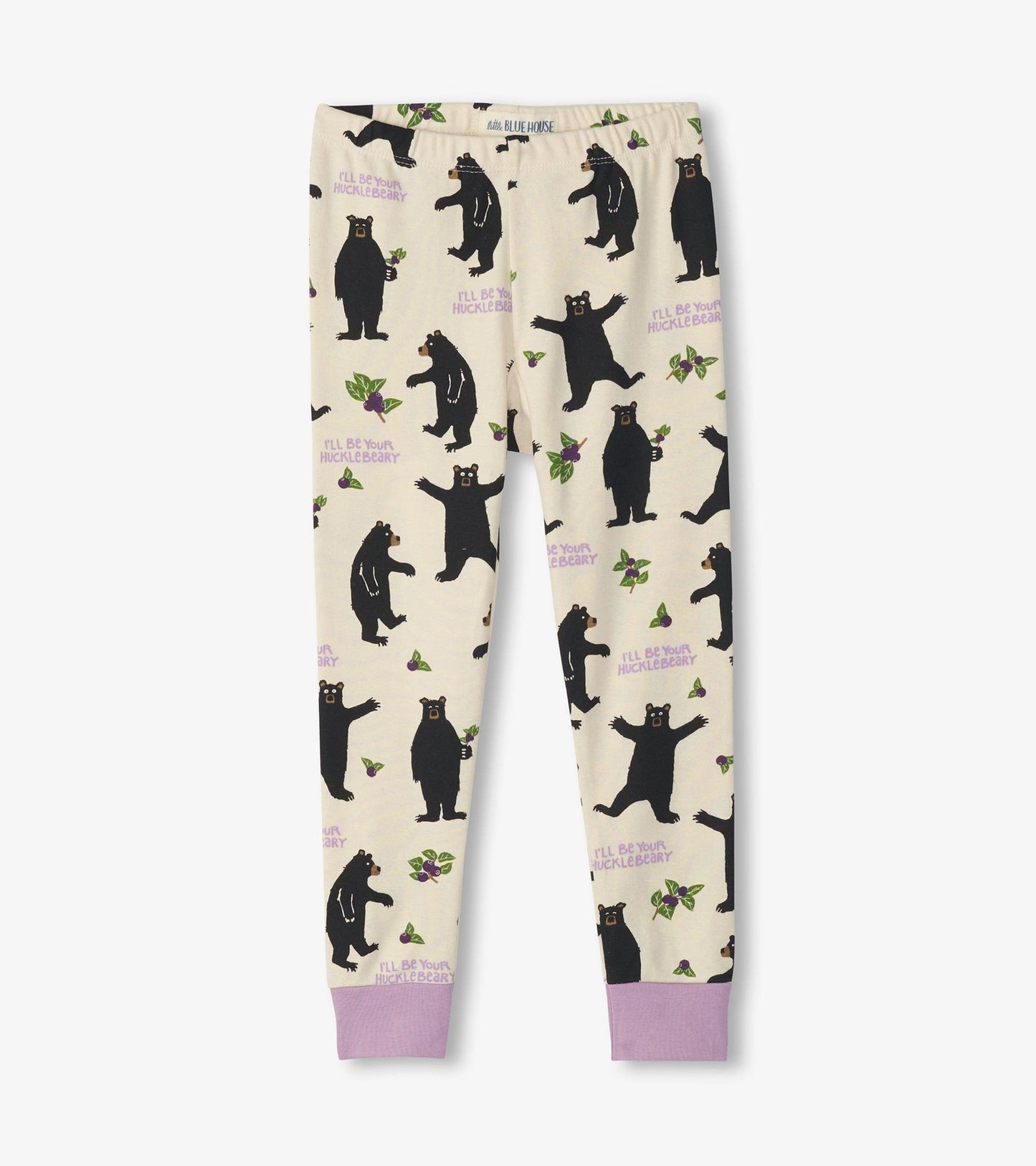 Cream pajama pants featuring playful black bear illustrations and purple accents at the cuffs.