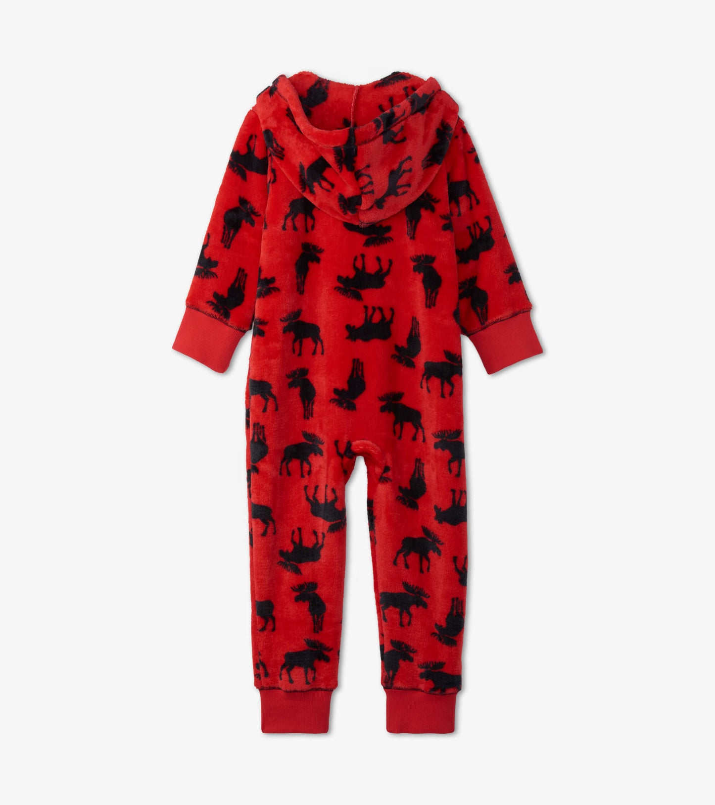 Red fleece jumpsuit with black moose pattern, featuring a hood and long sleeves.
