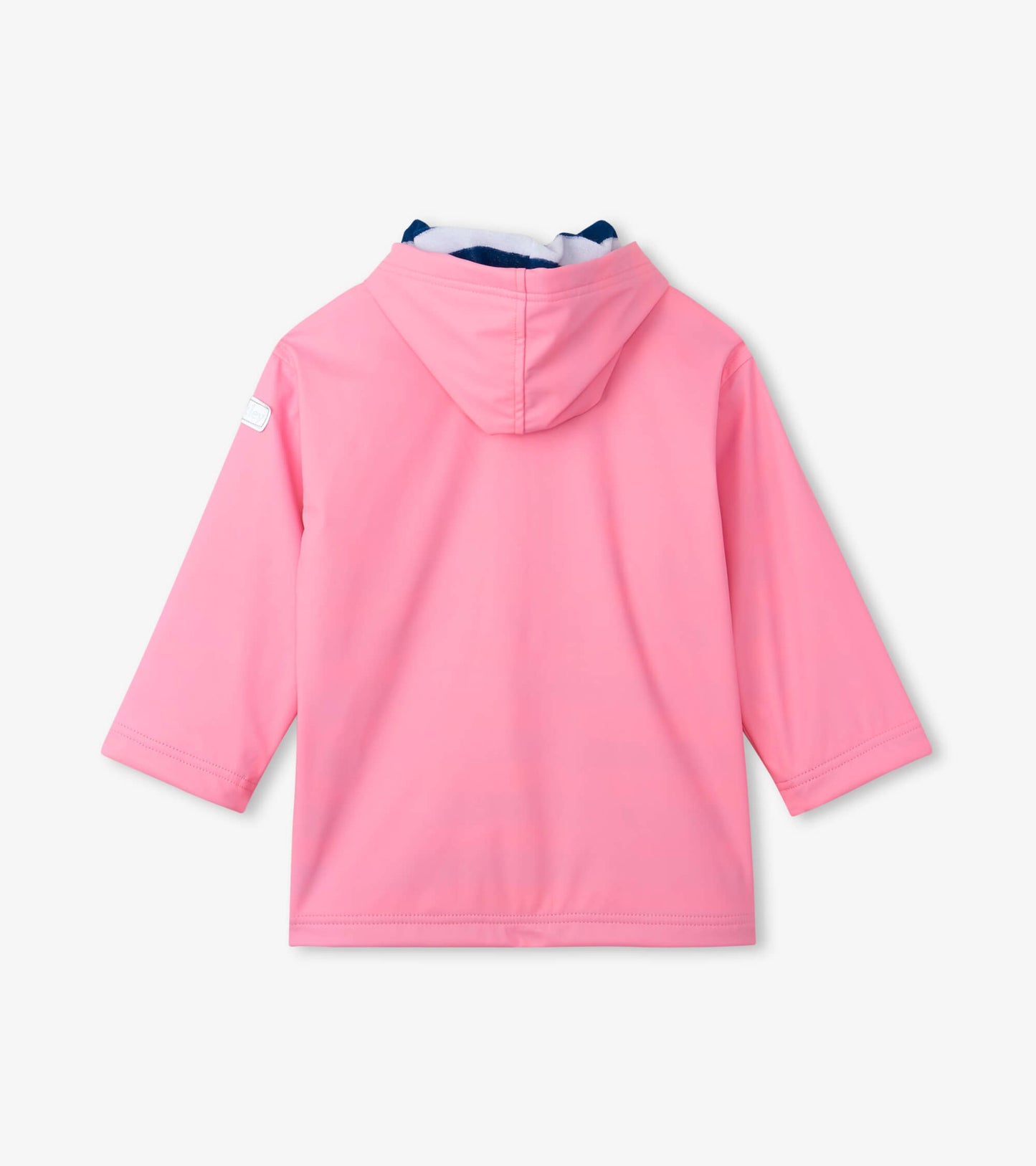 Pink zip-up rain jacket with a hood and long sleeves, featuring a smooth, water-resistant material.