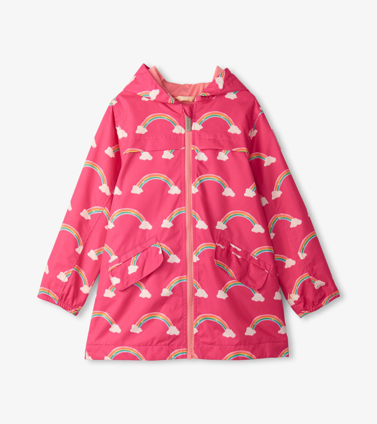 Pink lightweight rain jacket featuring a rainbow and cloud pattern, with a zip-up front and two front pockets.