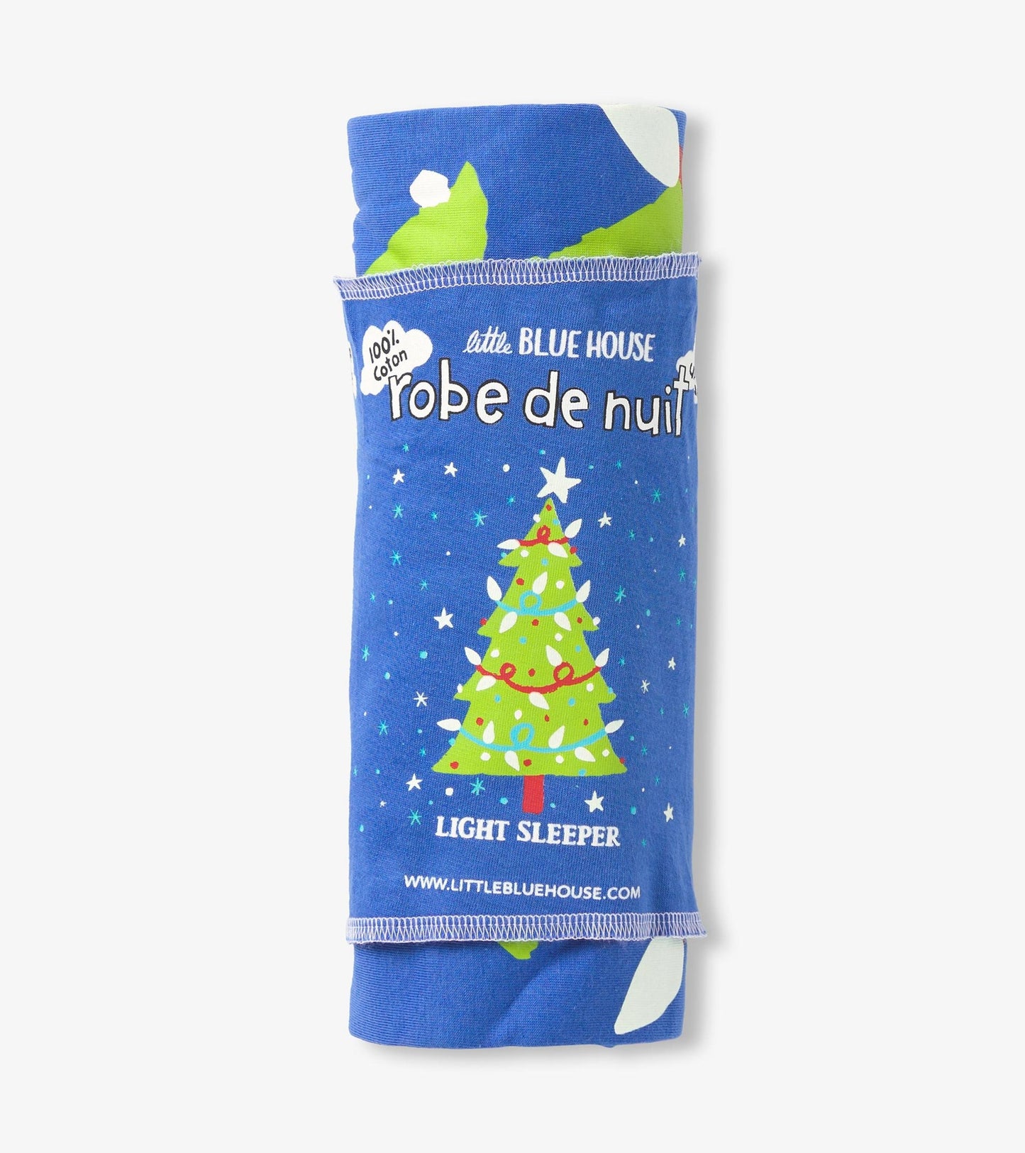 Blue cotton sleepshirt featuring a festive Christmas tree design with stars and lights, rolled and neatly packaged.