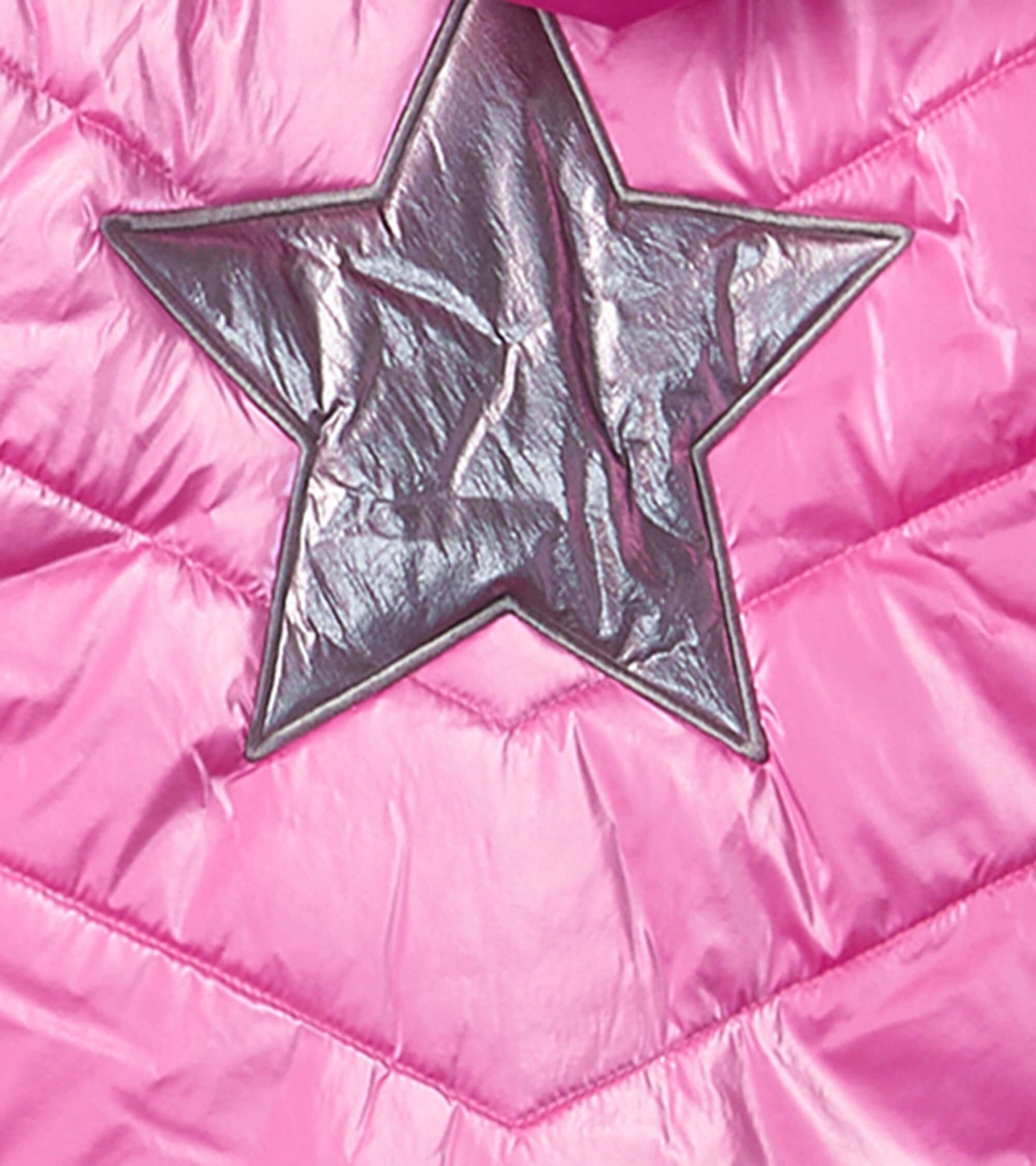 Pink puffer jacket featuring a shiny silver star design on a quilted surface. Ideal for kids' outerwear.