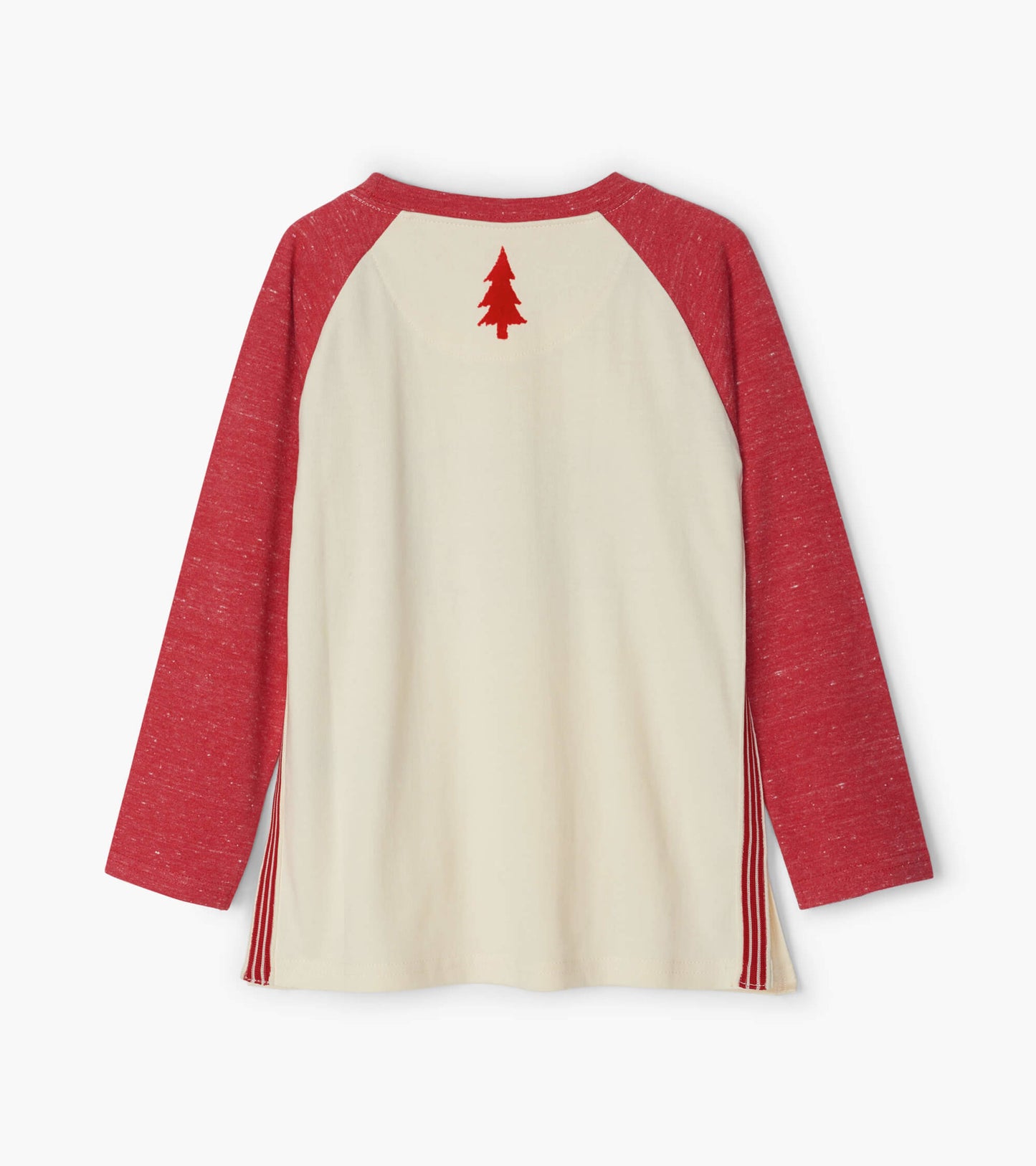 Red long sleeve raglan tee with cream body and red tree embroidery on the back. Soft, casual fit for kids.