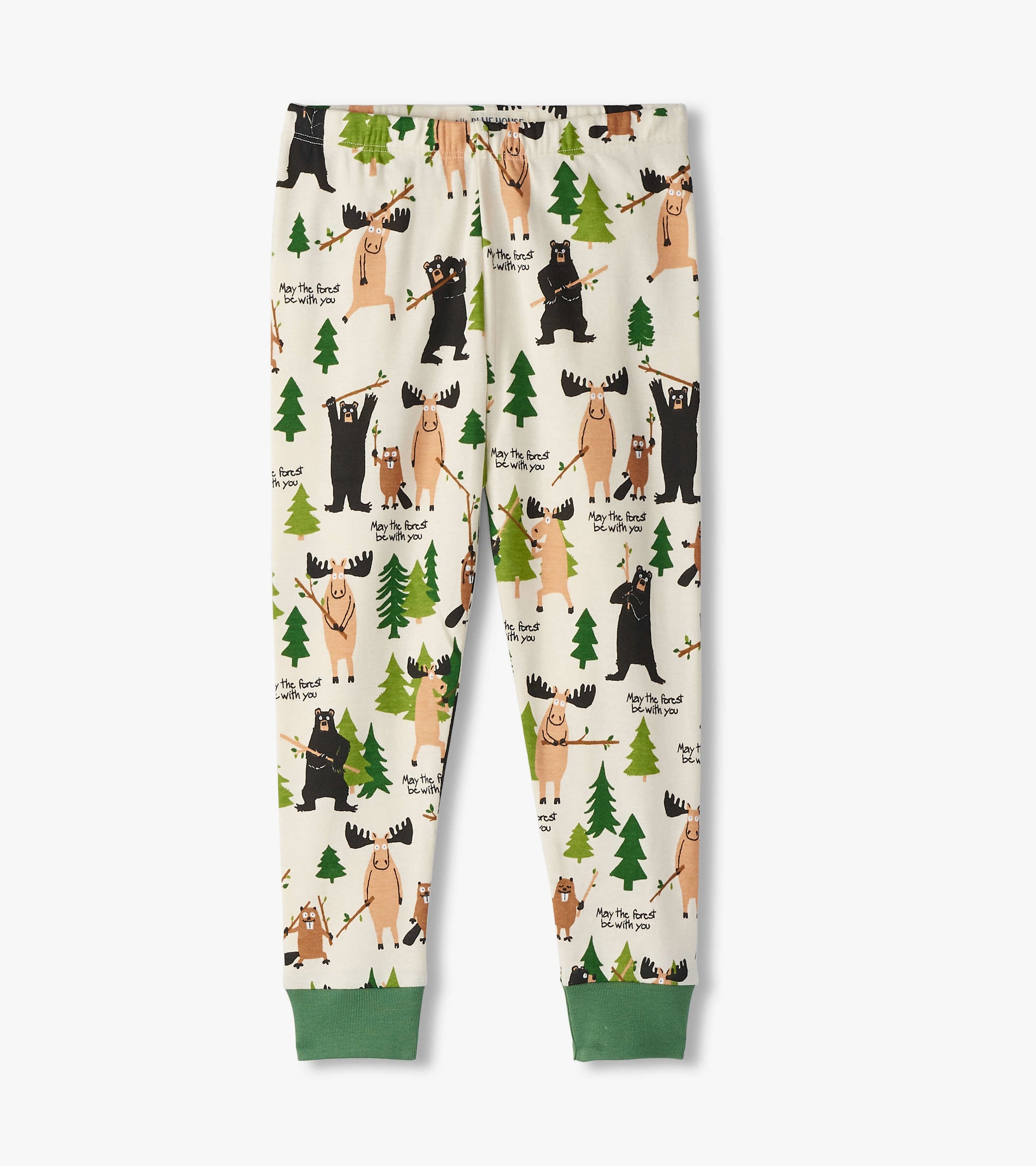 Kids' pajama set featuring playful bear and moose patterns on a cream background, with green cuffs at the ankles.