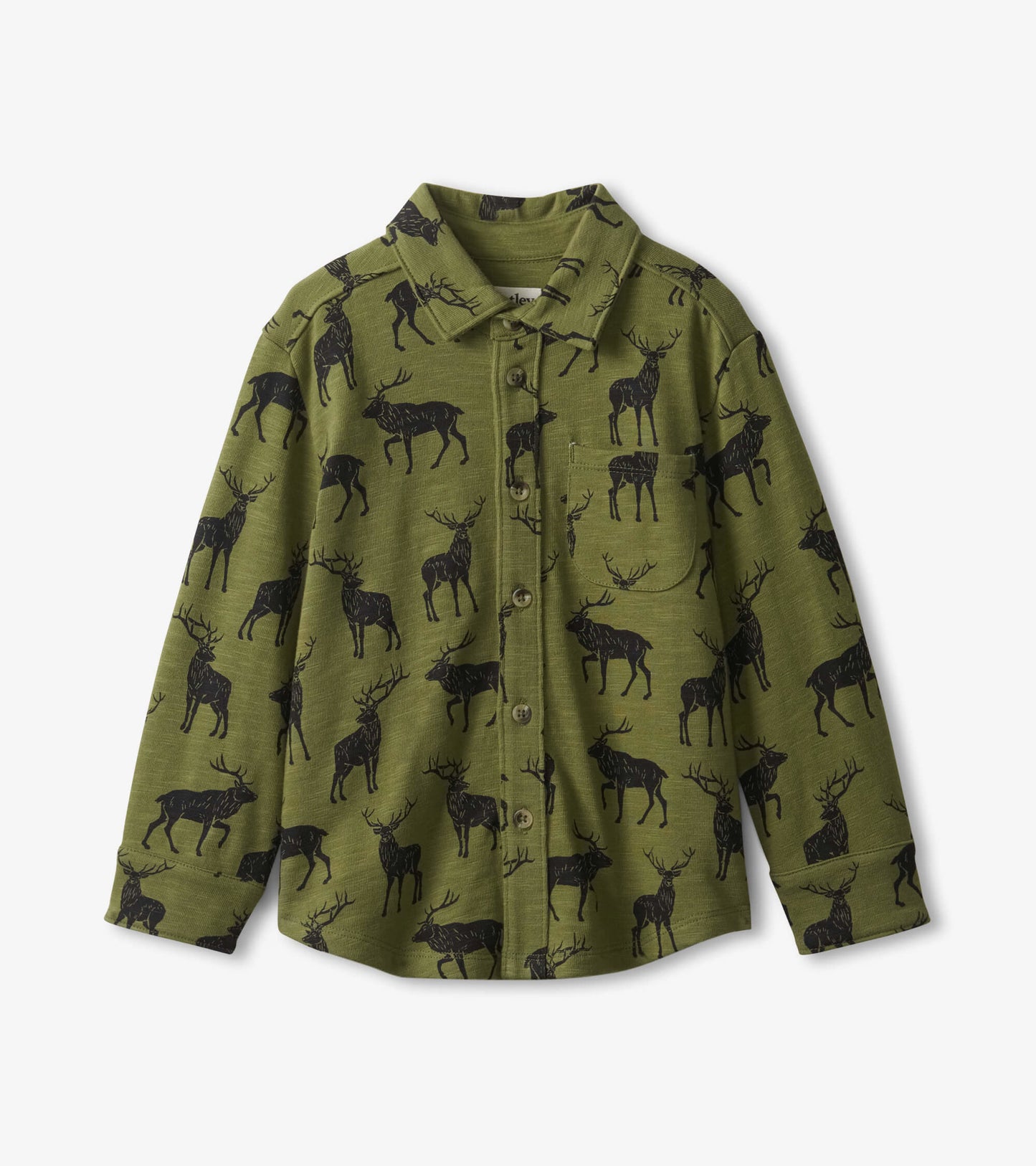 Green button-down shirt featuring a black elk print, designed for boys, with a collar and front buttons.