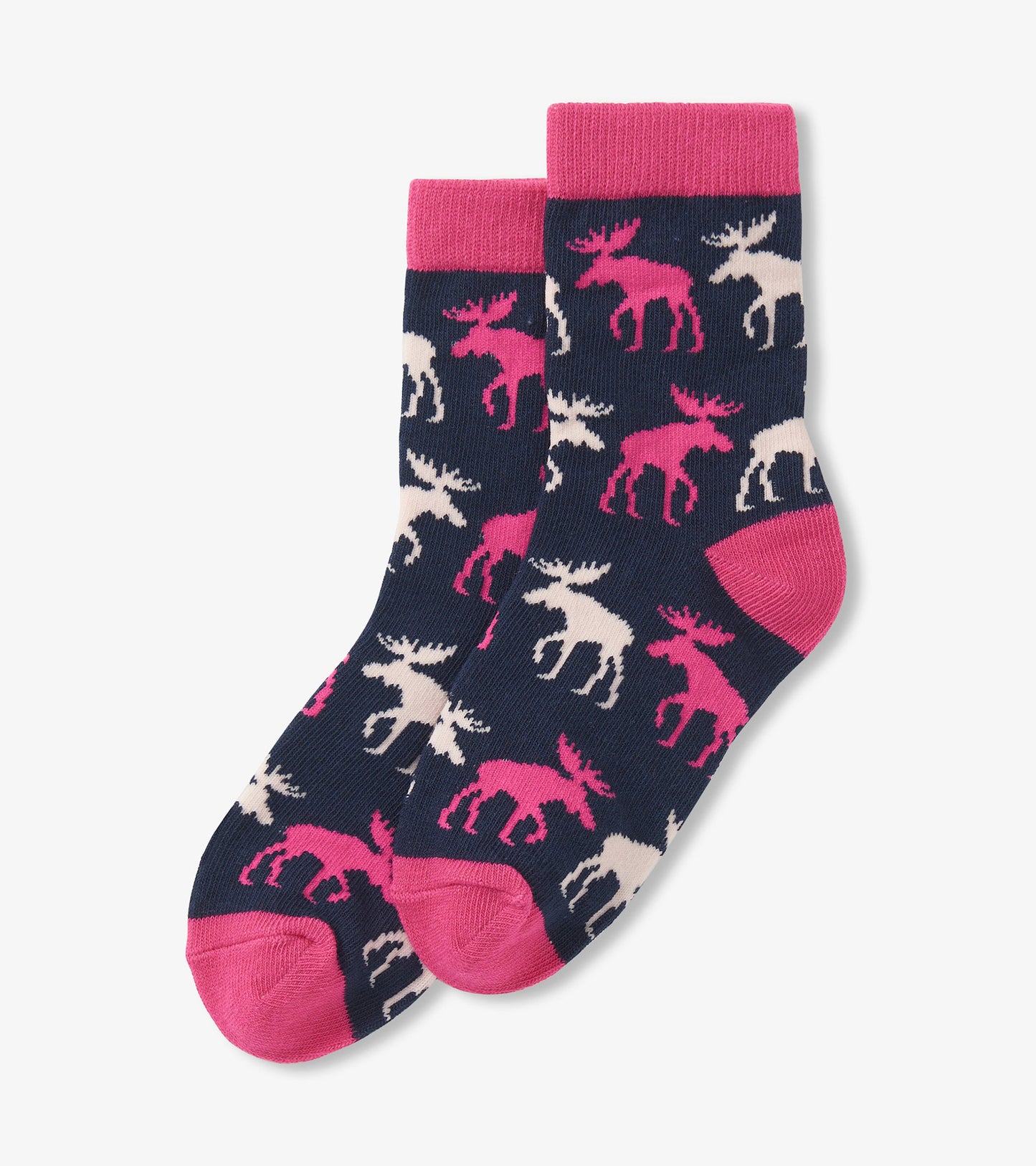 Navy crew socks featuring pink and white moose patterns with a pink cuff and toe. Suitable for kids.
