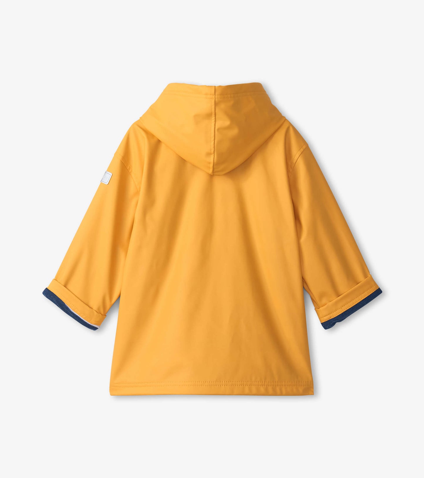 Yellow zip-up rain jacket with a hood and navy blue trim on sleeves, designed for kids.