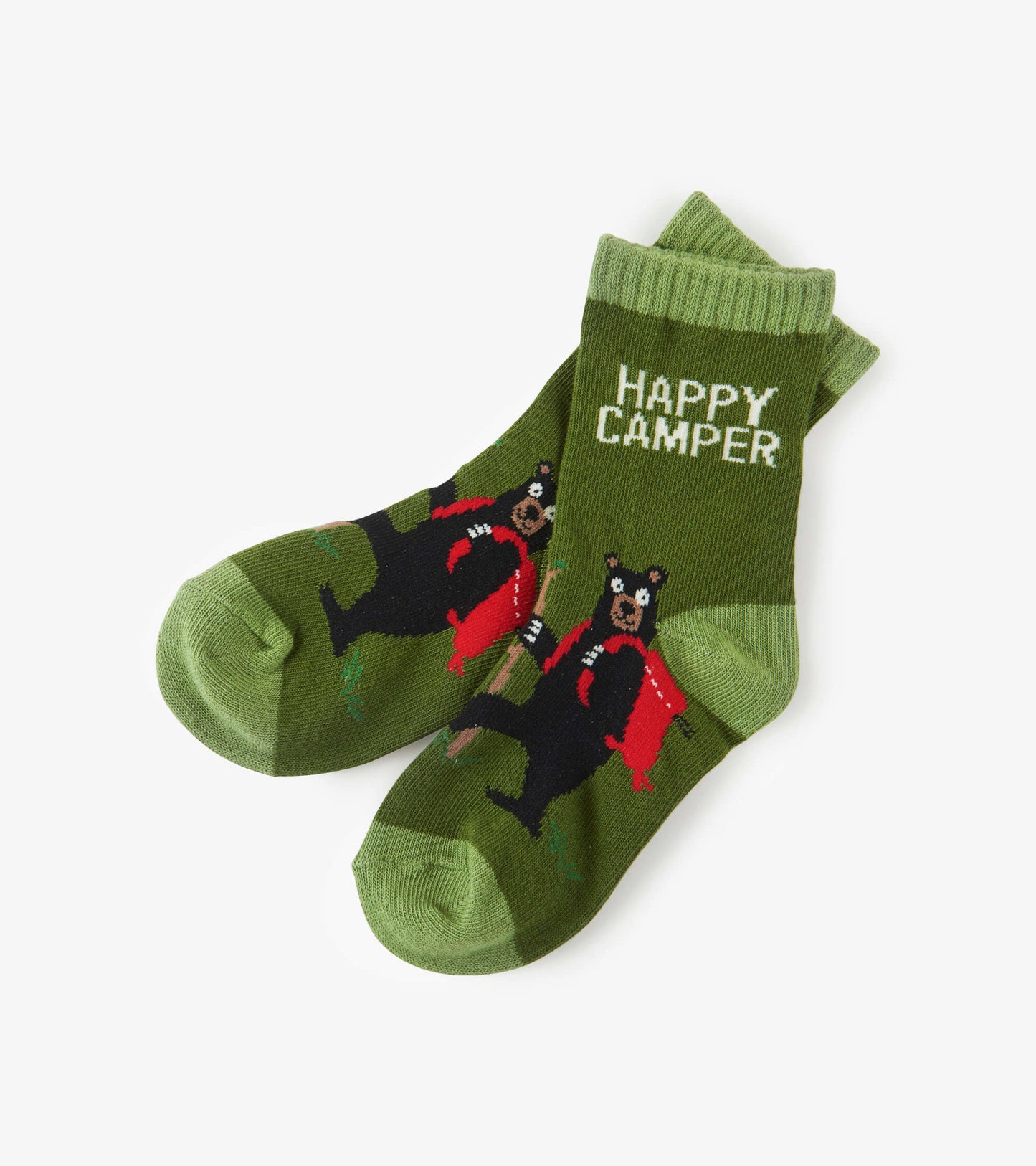 Green crew socks featuring playful bear designs and the text "HAPPY CAMPER," suitable for kids ages 2-7.