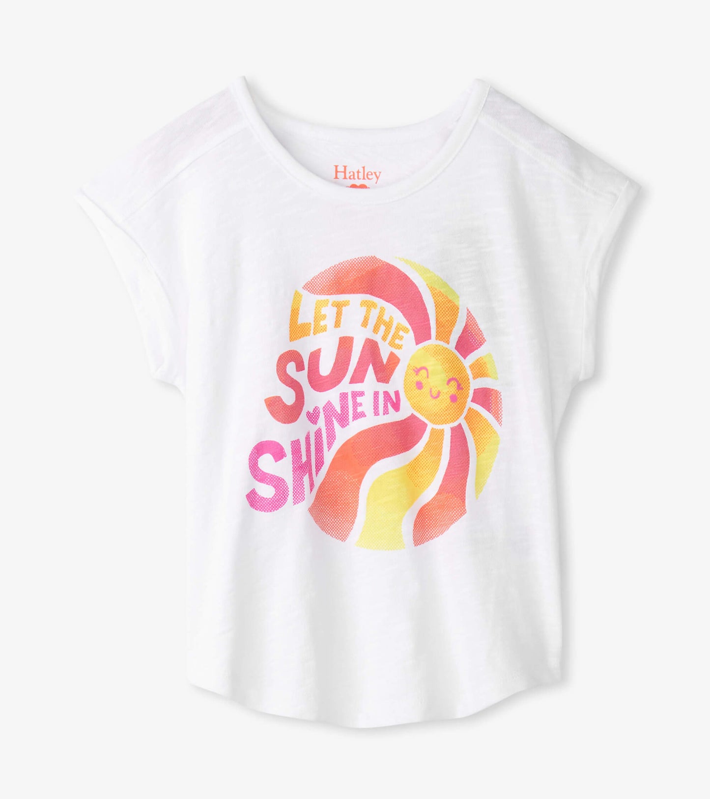 White relaxed t-shirt featuring a colorful sun graphic with the text "Let the Sun Shine In." Short sleeves and a round neckl…