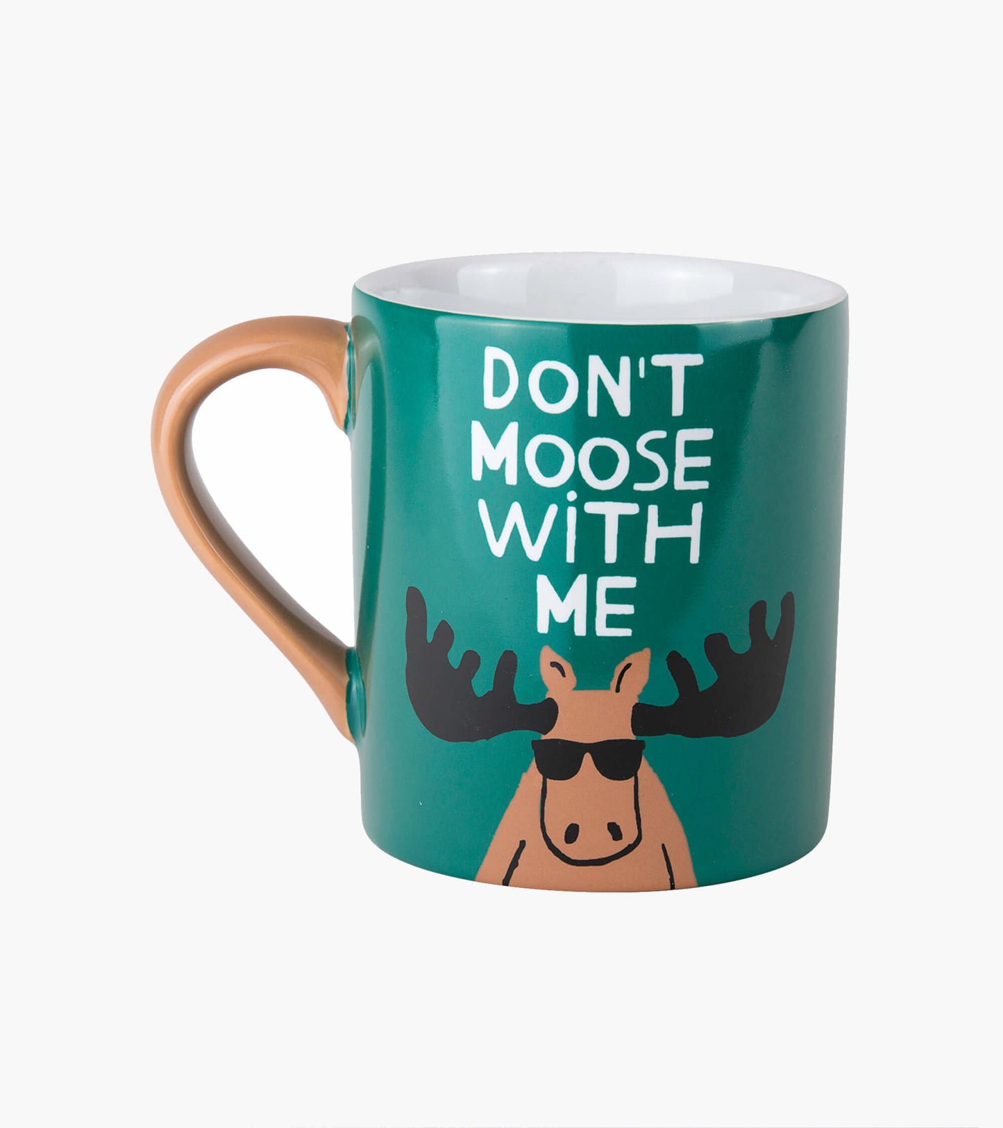 Green ceramic mug featuring a moose in sunglasses and the text "DON'T MOOSE WITH ME." Brown handle.