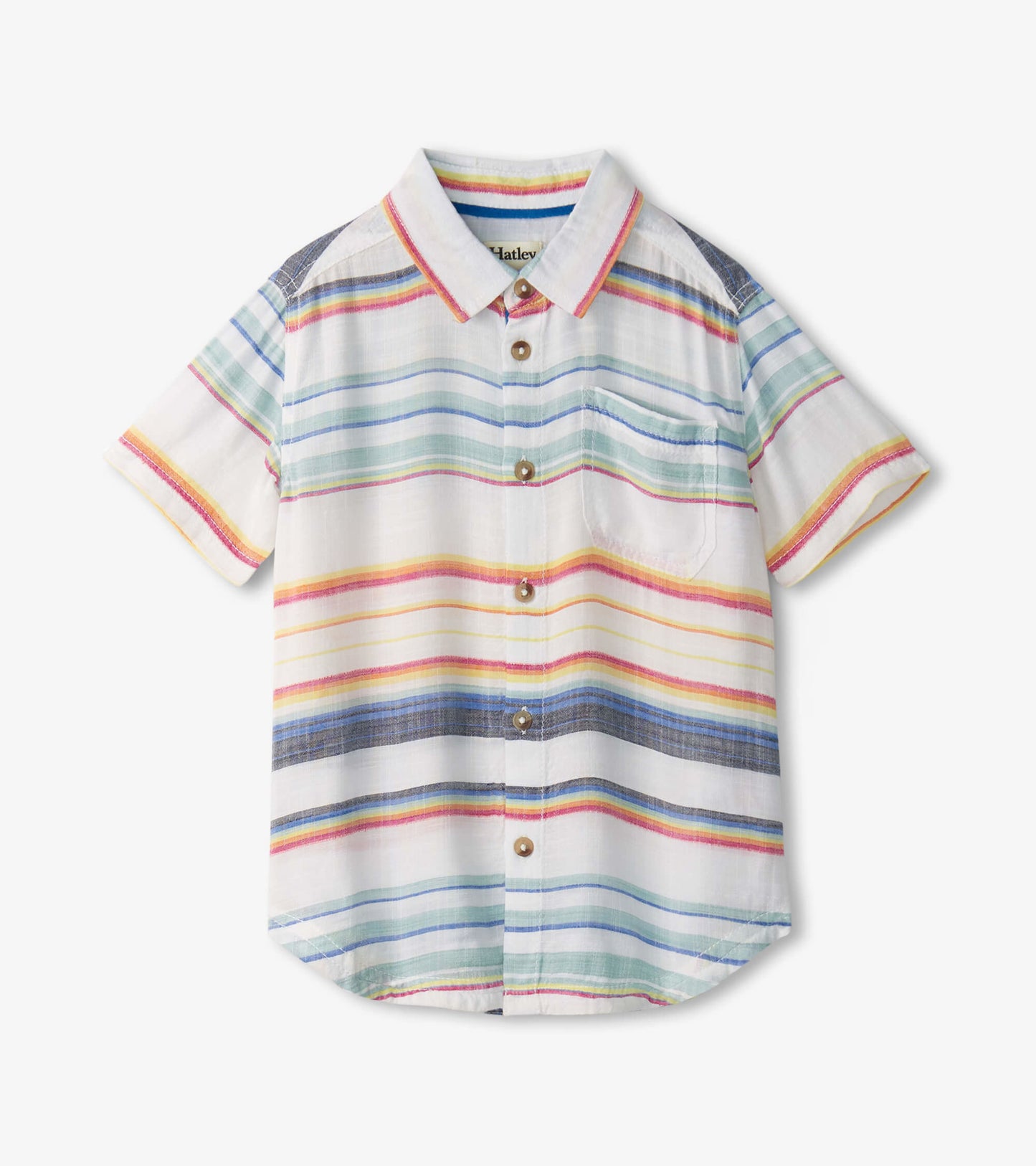 Short sleeve button-down shirt featuring colorful horizontal stripes on a white background, with a chest pocket.