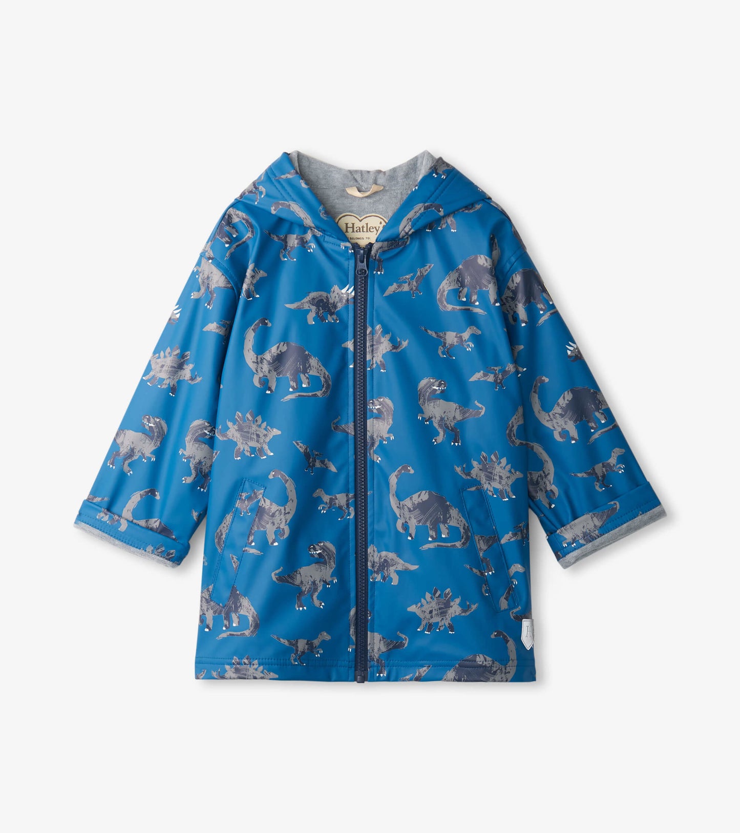 Blue zip-up rain jacket featuring a dinosaur pattern, with a hood and gray lining. Suitable for boys.