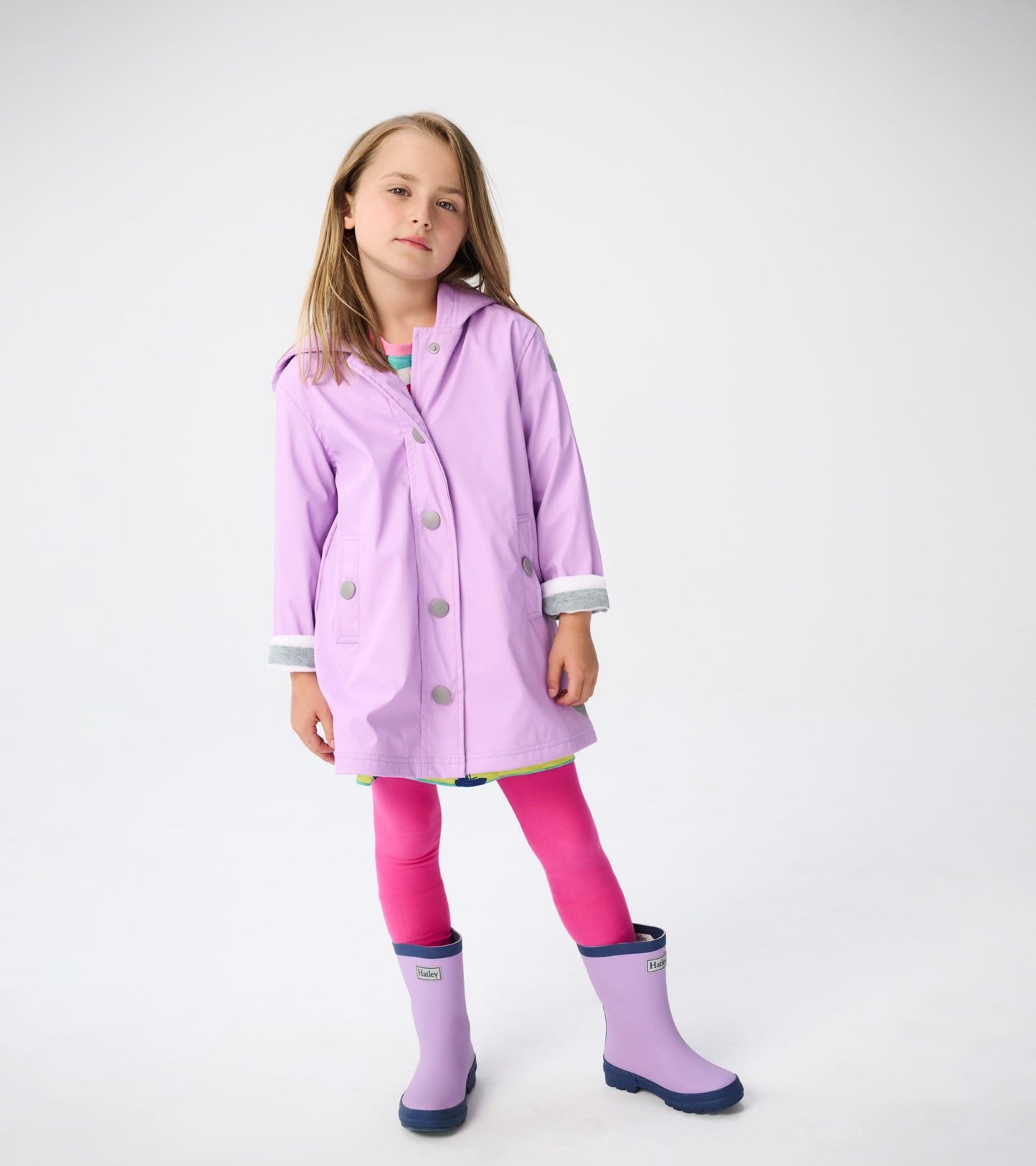 Lilac and navy matte rain boots for kids, featuring a tall design and sturdy sole, perfect for wet weather.
