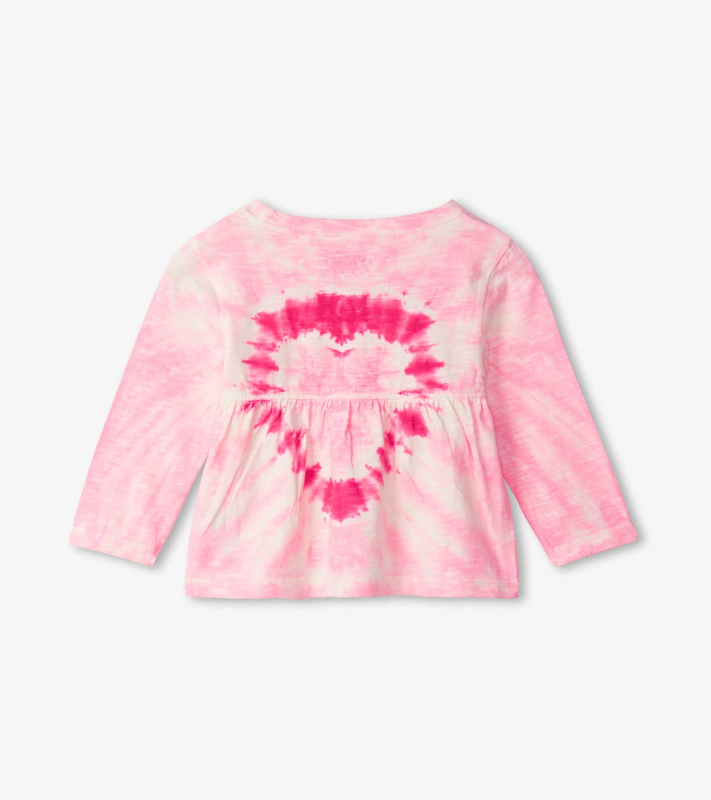 Long sleeve baby tee in pink tie-dye with a heart pattern on the back, made from soft, lightweight fabric.