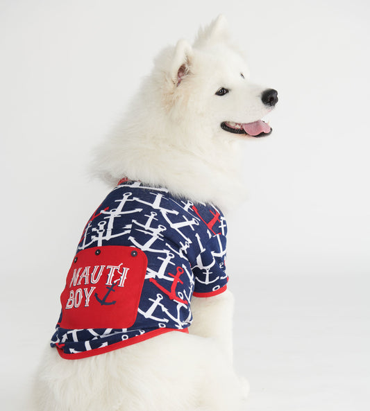 Navy dog tee featuring white and red nautical anchors, with a red pocket displaying "NAUTI BOY.