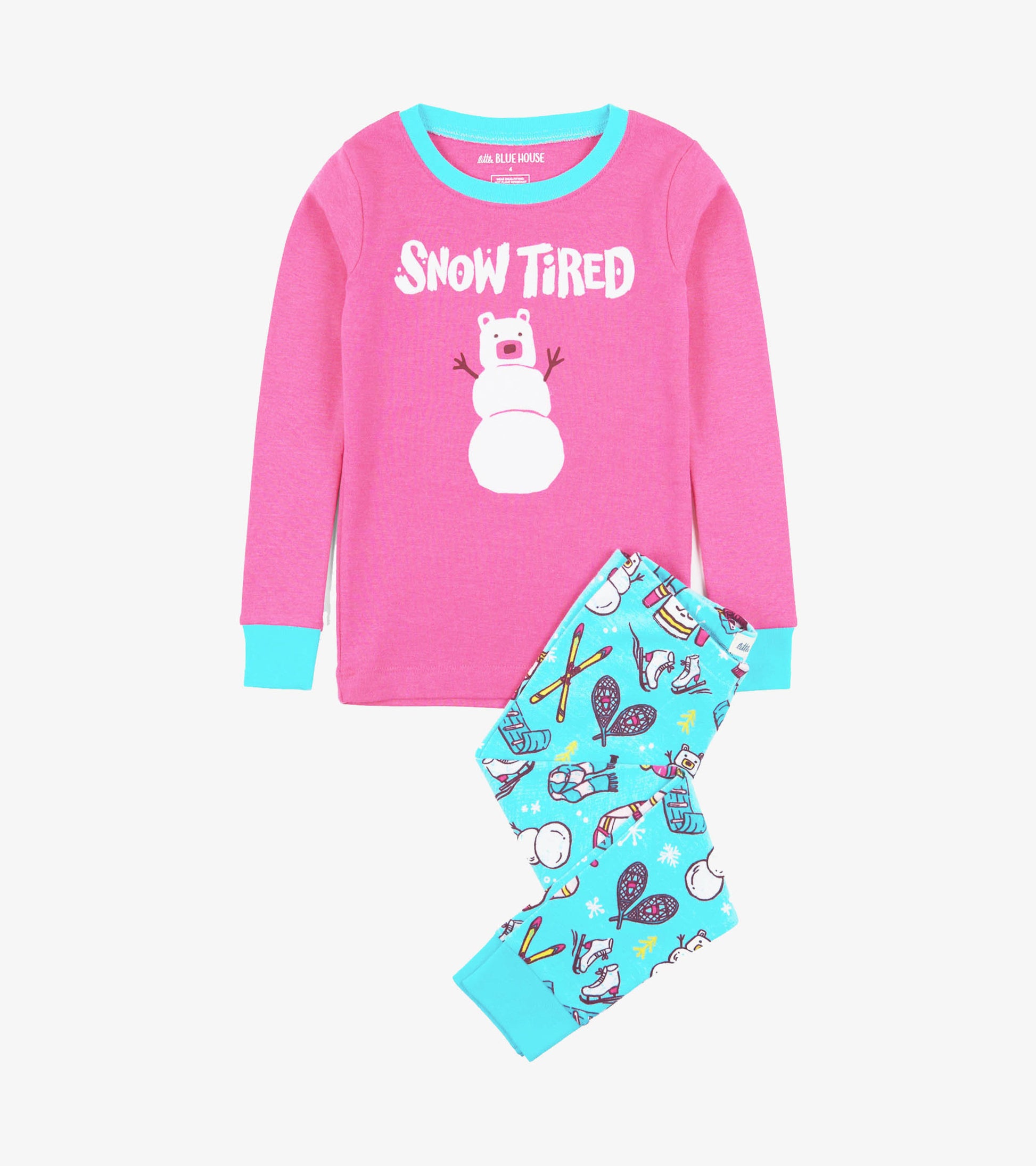 Pink long-sleeve top with "Snow Tired" graphic and blue-accented cuffs, paired with blue pajama pants featuring winter-theme…