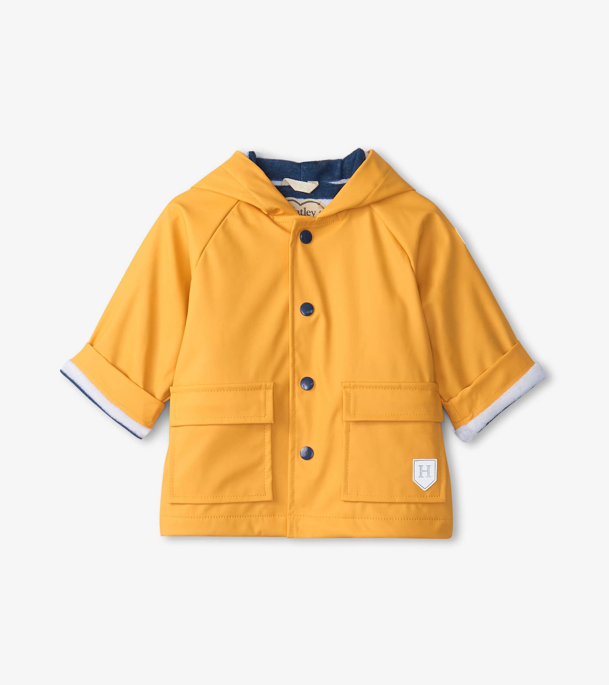 Yellow baby raincoat with a hood, front buttons, and two pockets, featuring rolled sleeves with a white trim.