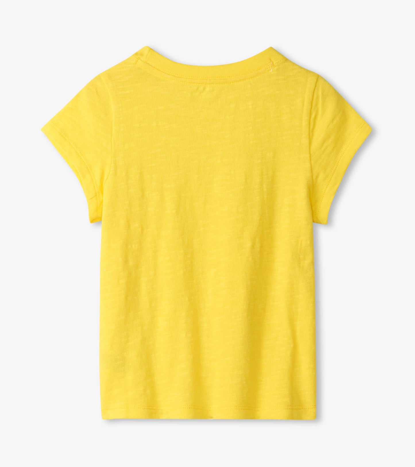 Back view of a short-sleeve yellow graphic tee featuring a soft, lightweight fabric.