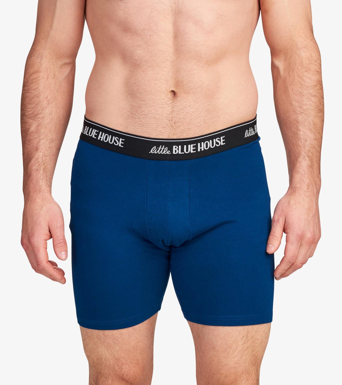 Men's boxer briefs in solid navy blue with a black elastic waistband, designed for comfort and everyday wear.
