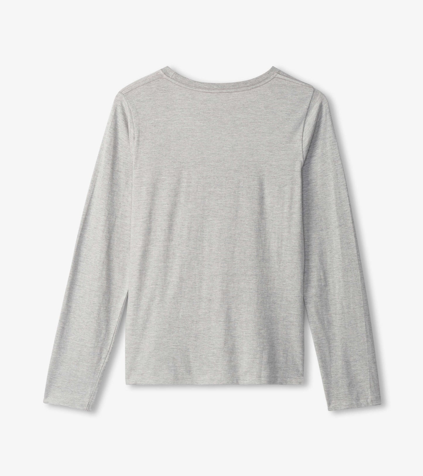 Light gray long sleeve t-shirt with a relaxed fit and a rounded neckline, shown from the back.