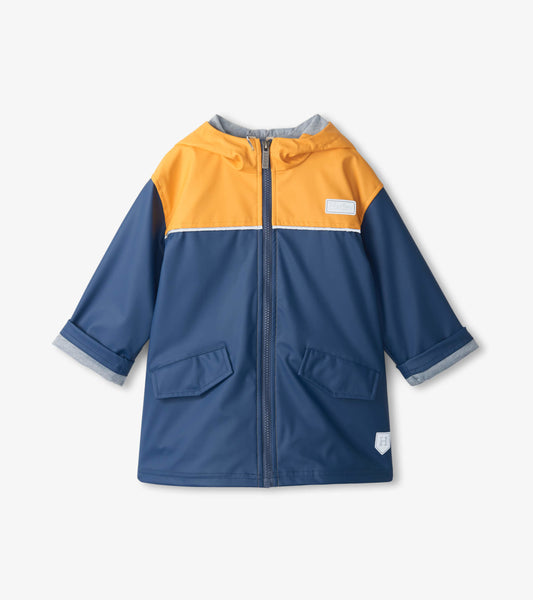 Yellow and navy zip-up rain jacket with a hood and front pockets, featuring a color-block design.