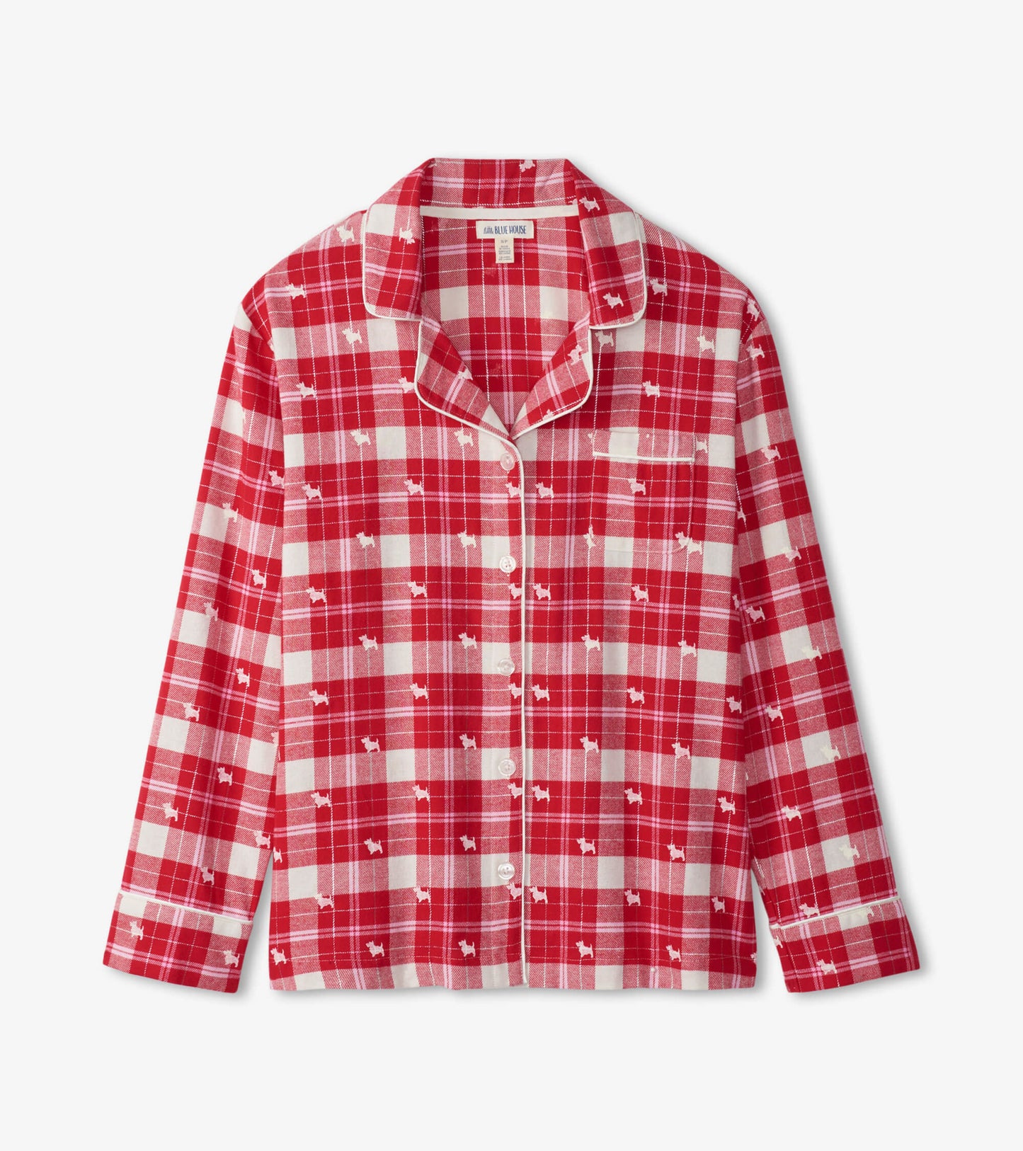 Red and white plaid flannel pajama top with dog silhouettes, featuring a collar and button-down front.