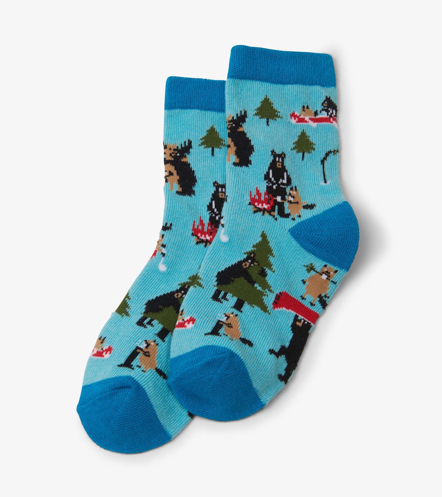 Blue crew socks featuring playful wildlife patterns, including bears and trees, suitable for kids ages 2-7.