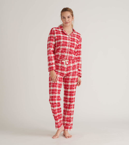 Red plaid flannel pajama set with long sleeves and drawstring pants, perfect for cozy lounging.