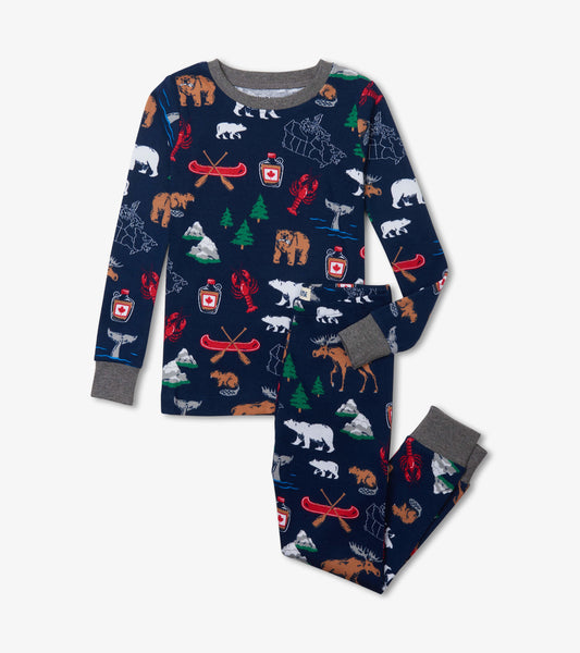 Navy blue pajama set featuring colorful animal and nature patterns, including bears, moose, and canoes, with gray cuffs.