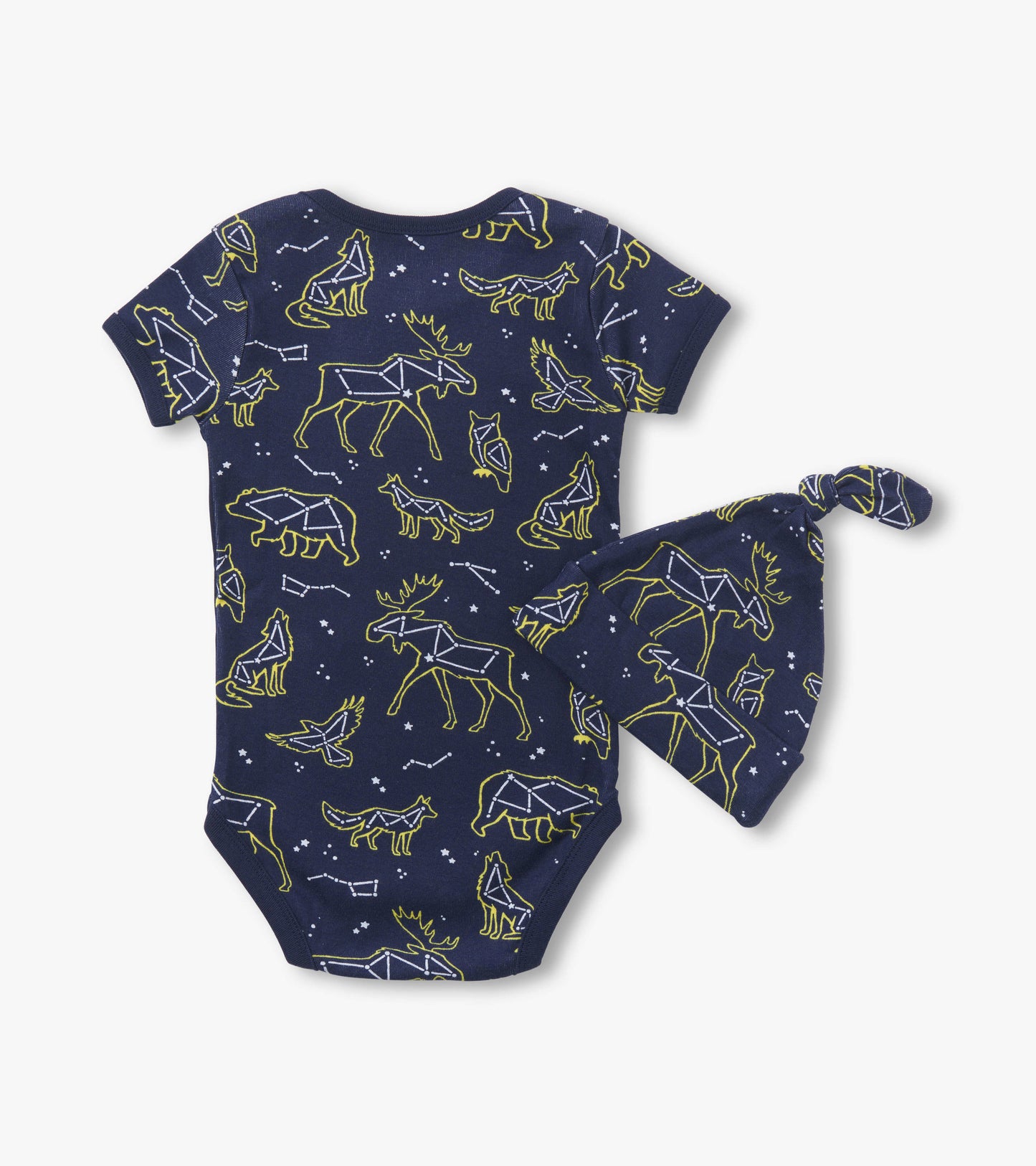 Navy bodysuit and matching hat featuring animal constellations in yellow outline, suitable for infants.