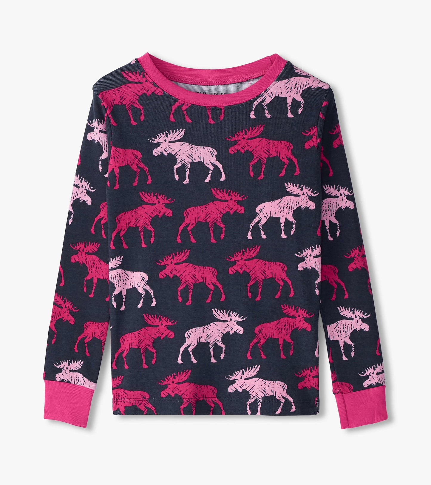 Navy pajama top featuring a playful moose pattern in pink and light pink, with long sleeves and a pink crew neckline.