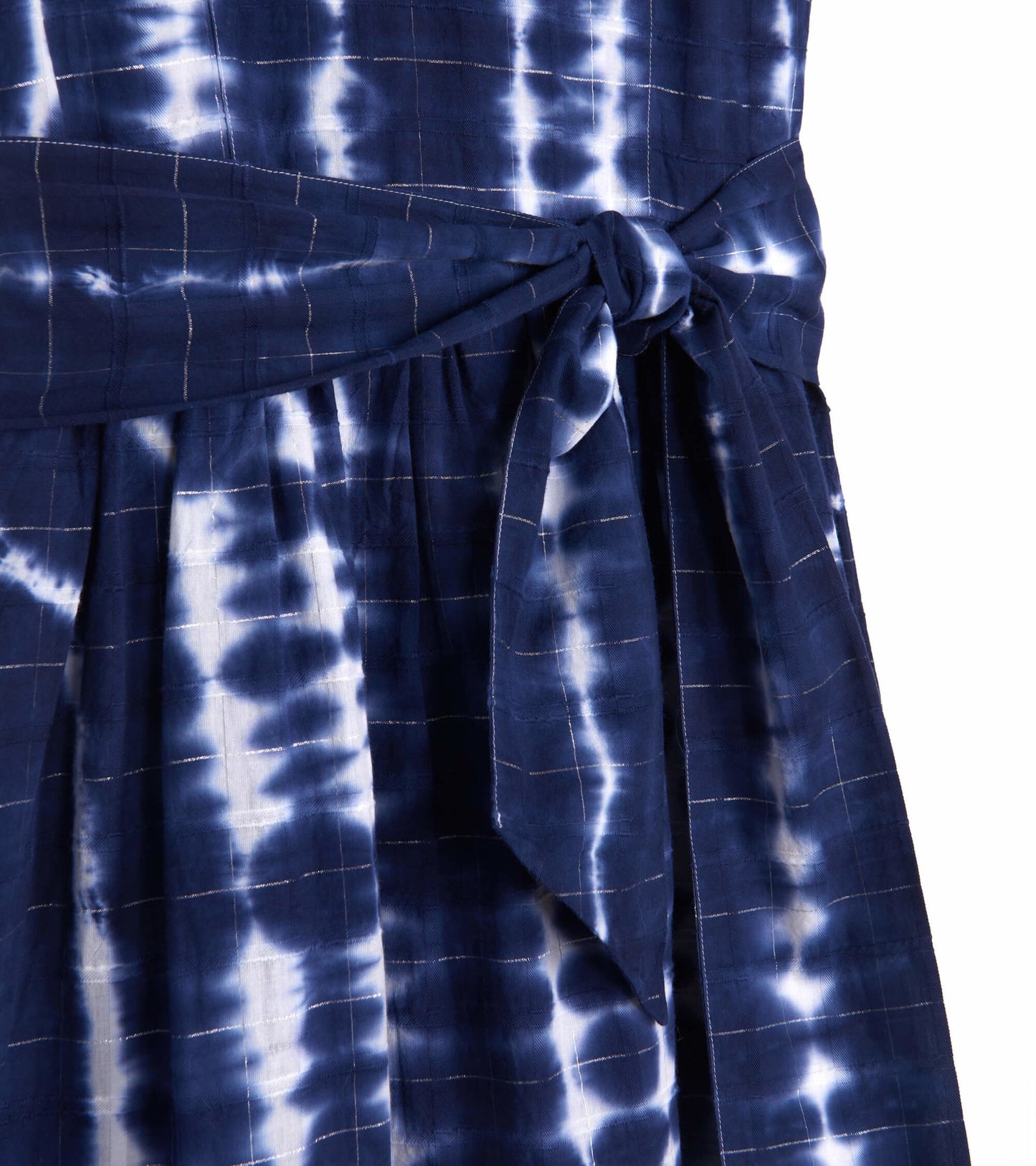 Navy blue midi dress with a windowpane pattern and a tied waist detail, made from lightweight fabric.