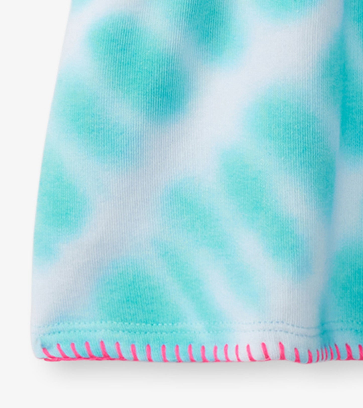 Aqua tie-dye pull-on dress with a soft fabric and pink stitched hem, suitable for casual summer wear.